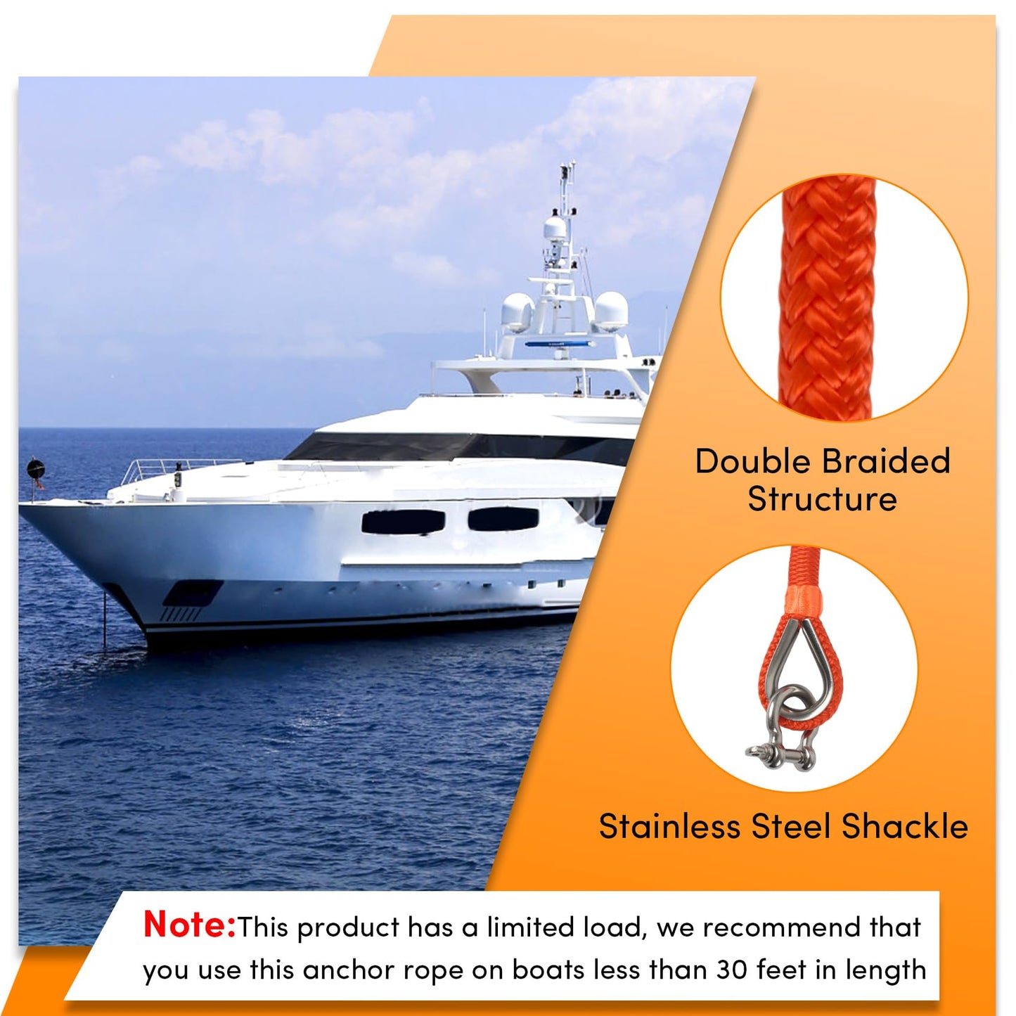 Anchor Rope 50 ft X 1/2 inch, Double Braided Anchor Line, Boat Rope with Stainless Steel Thimble and Shackle for Boating, Anchoring, Mooring, Pulling (Orange)
