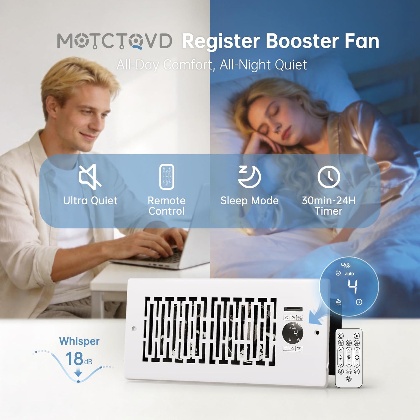 MOTCTQVD 2-Pack Smart Register Booster Fan Fits 4" x 10" Register Holes, 10-Speed Quiet Vent Fan Booster, Smart Thermostat Control for Improves Heating and Cooling with Remote for Floor or Wall Vents