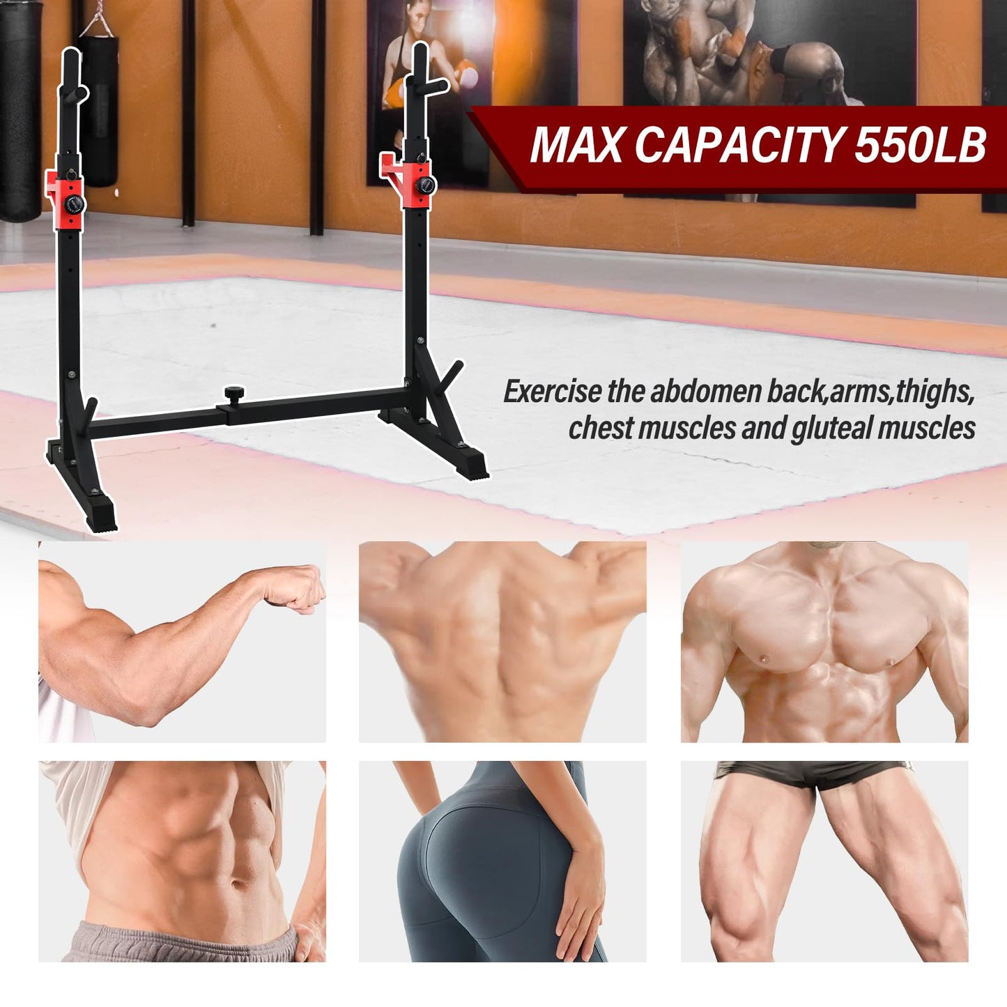BESTHLS Adjustable Squat Rack Stand with Barbell Rack, Weight Plate Holder, J Hooks,Dip Bar Station for Bench Press Strength Training Max Load 550LBS Suitable for Gym and Home Fitness