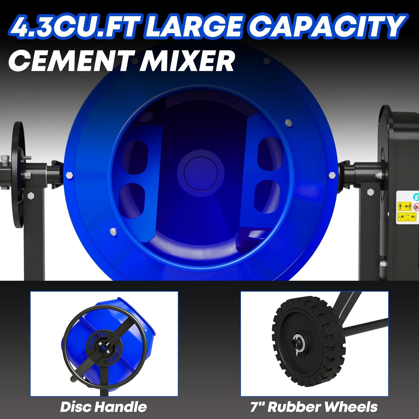 SILVEL Electric Cement Mixer, 4.3 Cu.Ft.450W Portable Concrete Mixer Machine with Wheels & Stand Steel for Stucco, Mortar, Feed Mixing, Farm Use, Blue