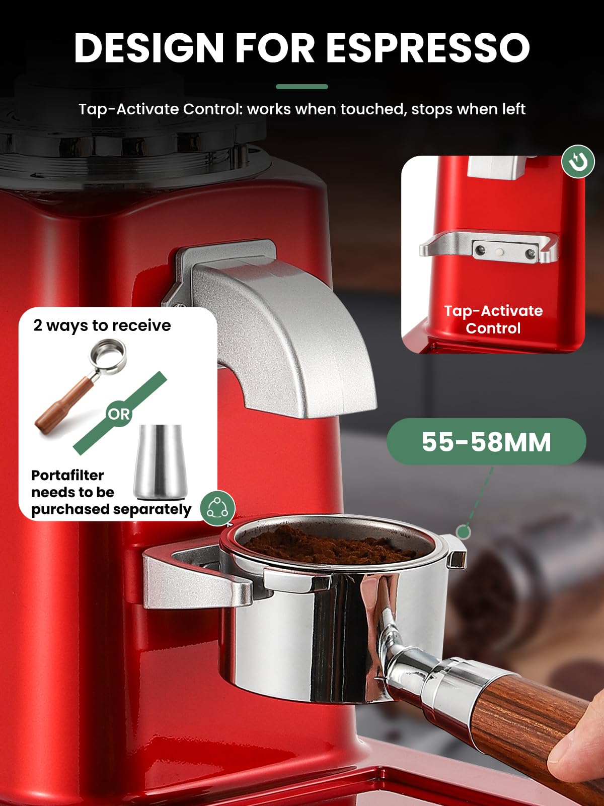 Huanyu Flat Burr Coffee Grinder with 19 Grinding Settings Large Capacity 35oz Red and Huanyu Electric Espresso Portafilter Cleaner 16L with Dual Brush Heads, 3 Scrapers Bundle