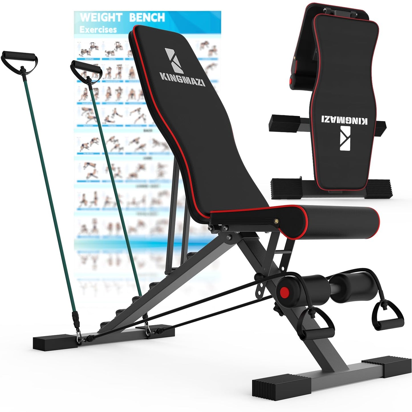 Adjustable Weight Bench 650LBS Capacity, Foldable Workout Bench for Home Gym, Incline Decline Flat Bench Press with Resistance Bands for Full Body Strength Training