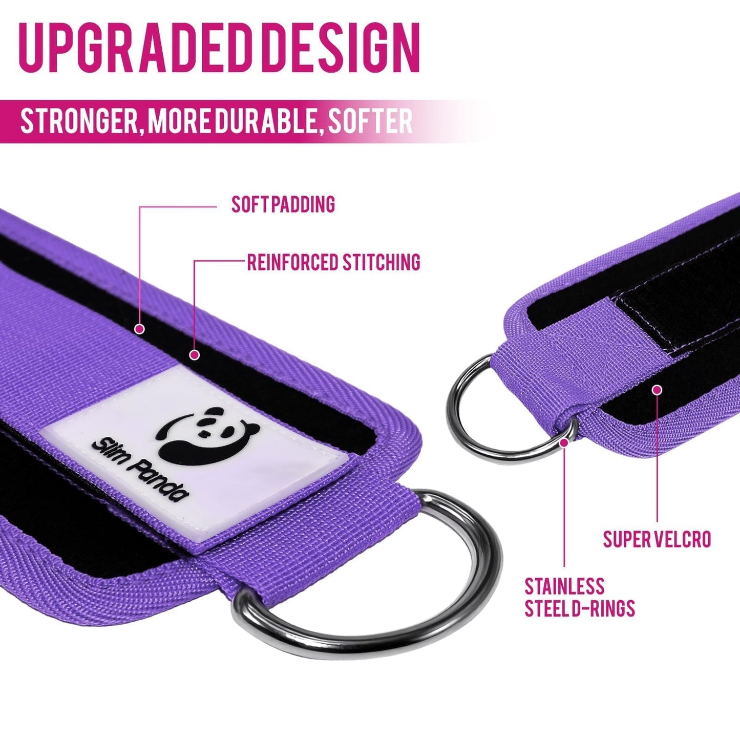 Slim Panda Ankle Strap for Cable Machine,Ankle Cuff for Kickbacks, Booty Hip Abductors,Glute Workouts, Leg Extensions, Curls for Men and Women, Adjustable with Double D-Rings (Purple)