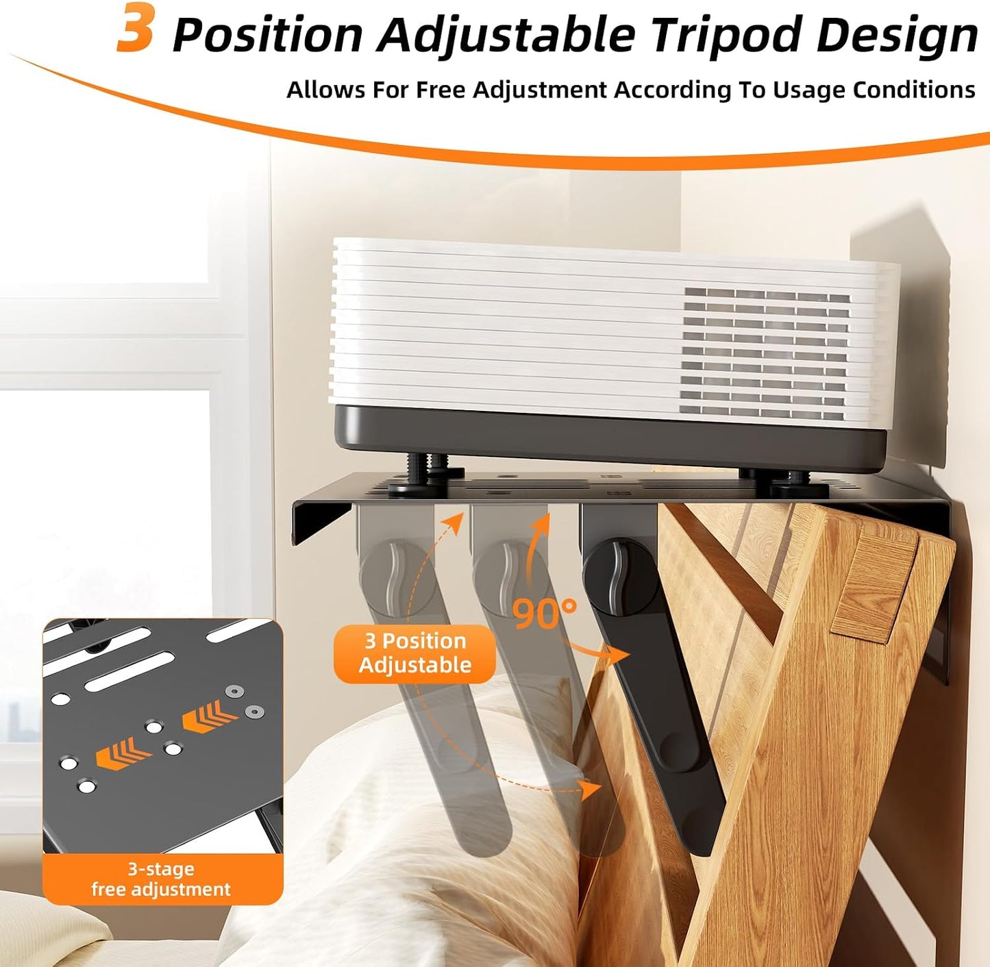 CABTE No Drilling Metal Projector Mount, Adjustable Angle Projector Mount Shelf for Sofa and Bedside, Foldable