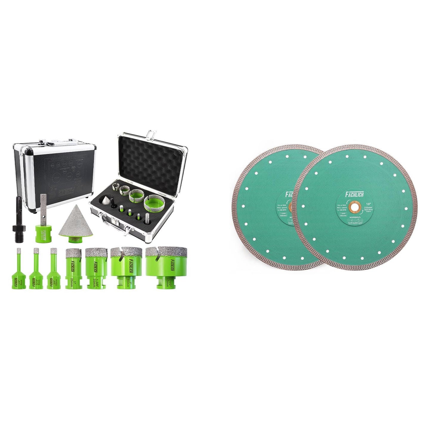 FACHLICH Diamond Core Drill Bits Set and FACHLICH Diamond Porcelain Saw Blade,2pcs 10"/250MM Super Thin Dry Wet Cutting Disc with X Teeth Turbo Mesh Rim