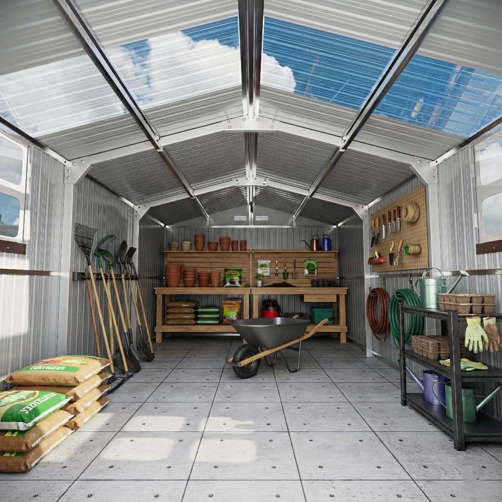 10x16 FT Metal Shed Heavy-Duty | Military-Grade 20-Gauge Reinforced Frame with Powder Coating | 50 PSF Snow Load & 120 MPH Wind Rated | Garden Tool/Bike Skylight Large Building