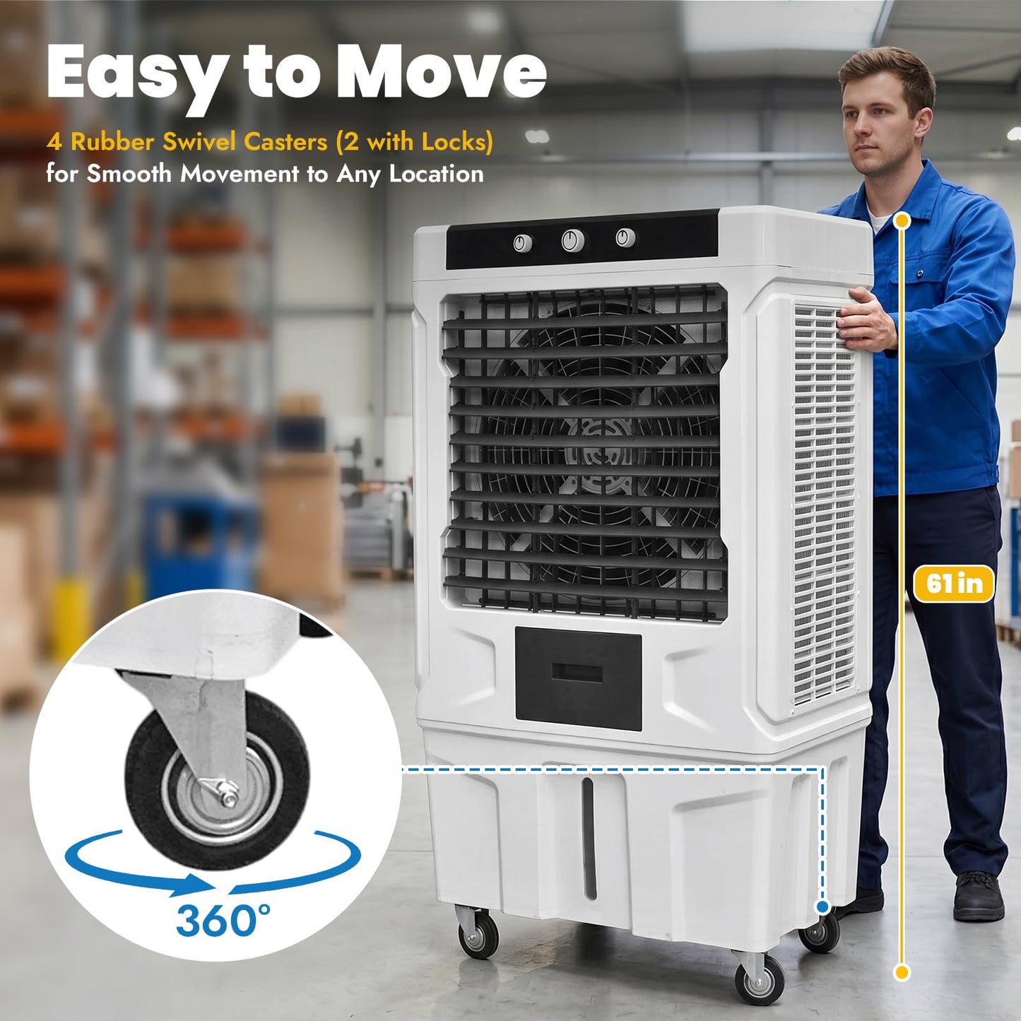 61" High Power 18000CFM Industrial Swamp Cooler, Evaporative Air Cooler with 40 Gal Tank, 3-Speed, 2 Modes, 4 Ice Packs & Storage Bag, Industrial Cooling Fan for Garage Warehouse Factory, 5000 sq.ft