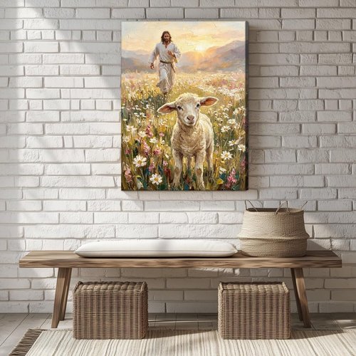 Jesus and Lamb Canvas Wall Art - Inspirational Christian Decor for Living Room | 12x16in Framed Print