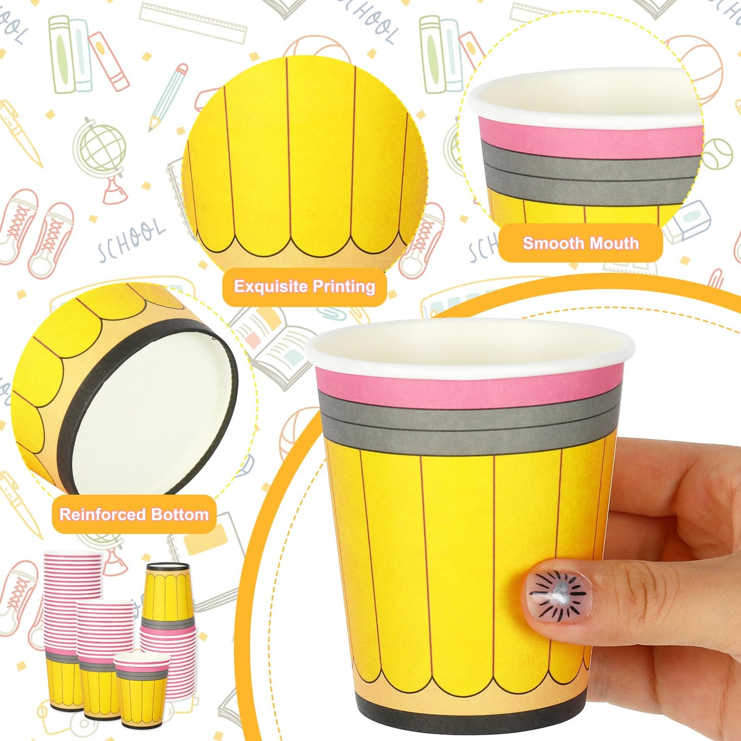 Whaline 50Pcs Back to School Paper Cups 9 Oz Yellow Pencil Design Disposable Cups for Coffee Tea Snacks Classroom First Day of School Party Supplies