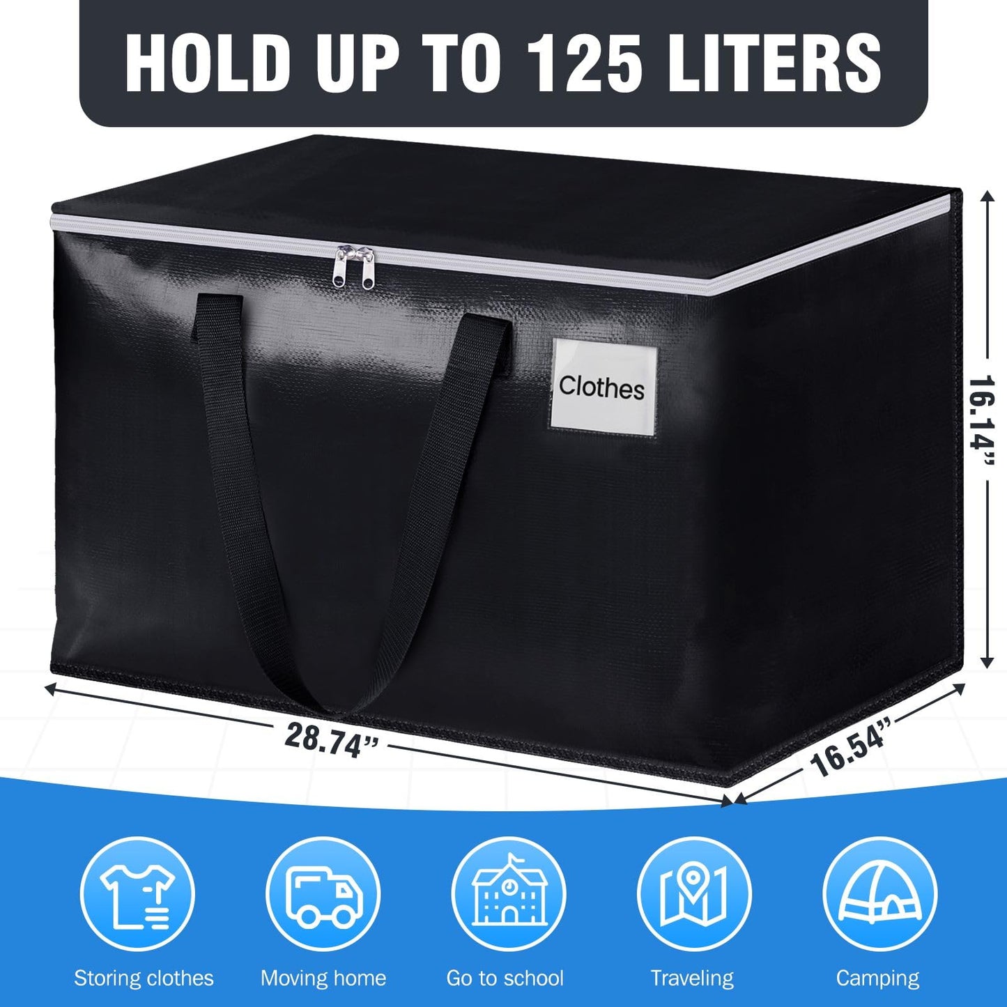 BlissTotes Moving Bags, Heavy Duty Moving Boxes with Zippers Top and Sturdy Handles, Storage Bags for Space Saving and Packing, Collapsible Moving Supplies, Storage Totes (125L, 10-Pack, Black)