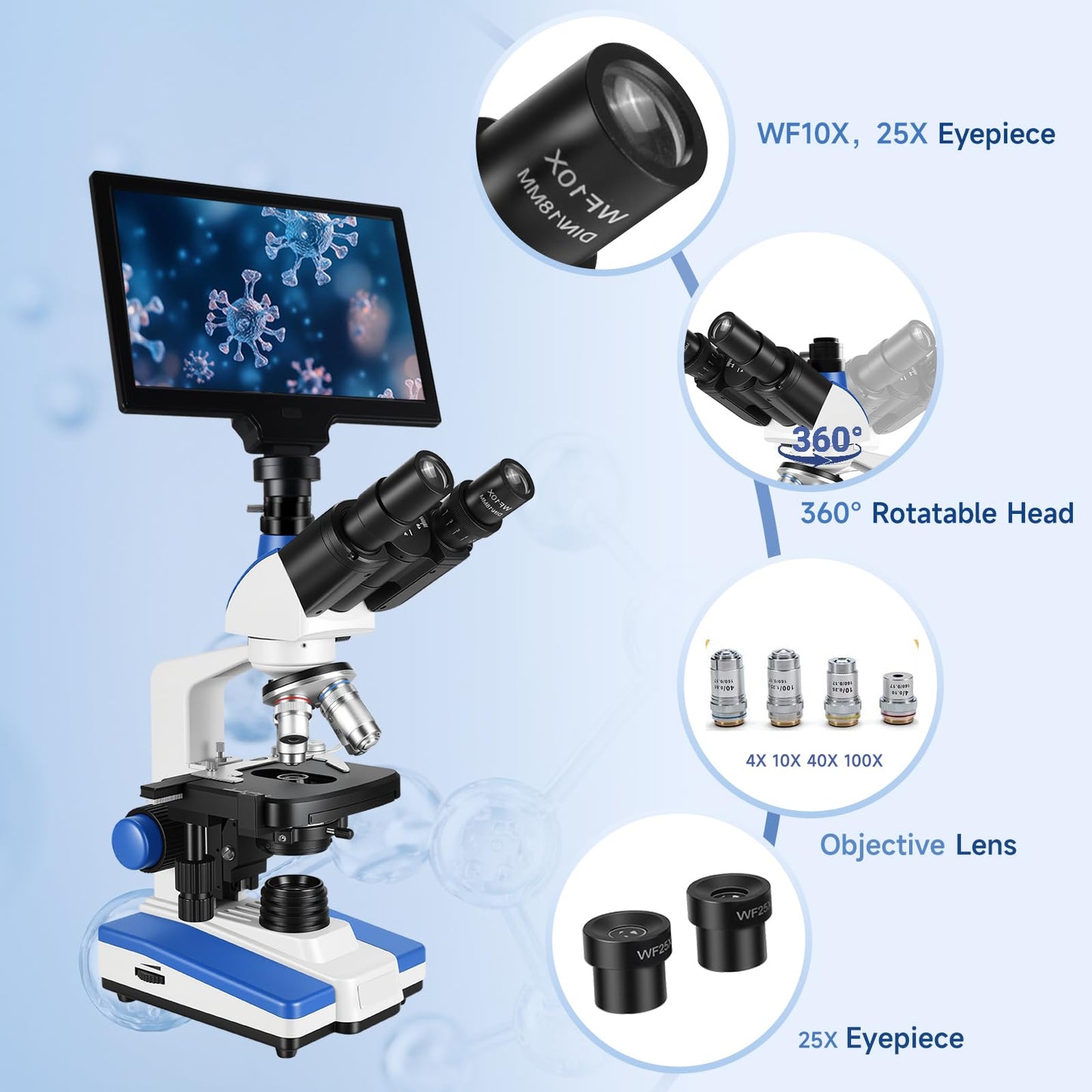 Lab Compound Trinocular Microscopes 40X-2500X Magnification with10 inch LCD,6MP Electronic Eyepiece, 0.5X CTV High Definition Adapter,Two-Layer Mechanical Stage,10X 25X Eyepiece