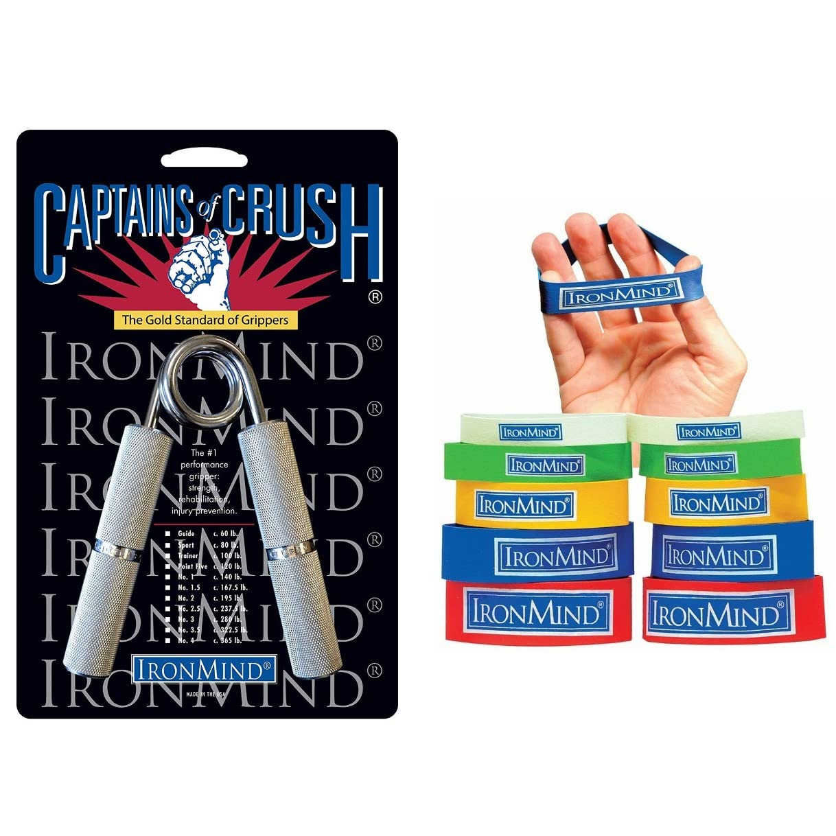 IronMind Two-Way Captains of Crush Grip Strengthener Set: CoC Trainer Gripper (100 lb.) and Expand-Your-Hand Bands