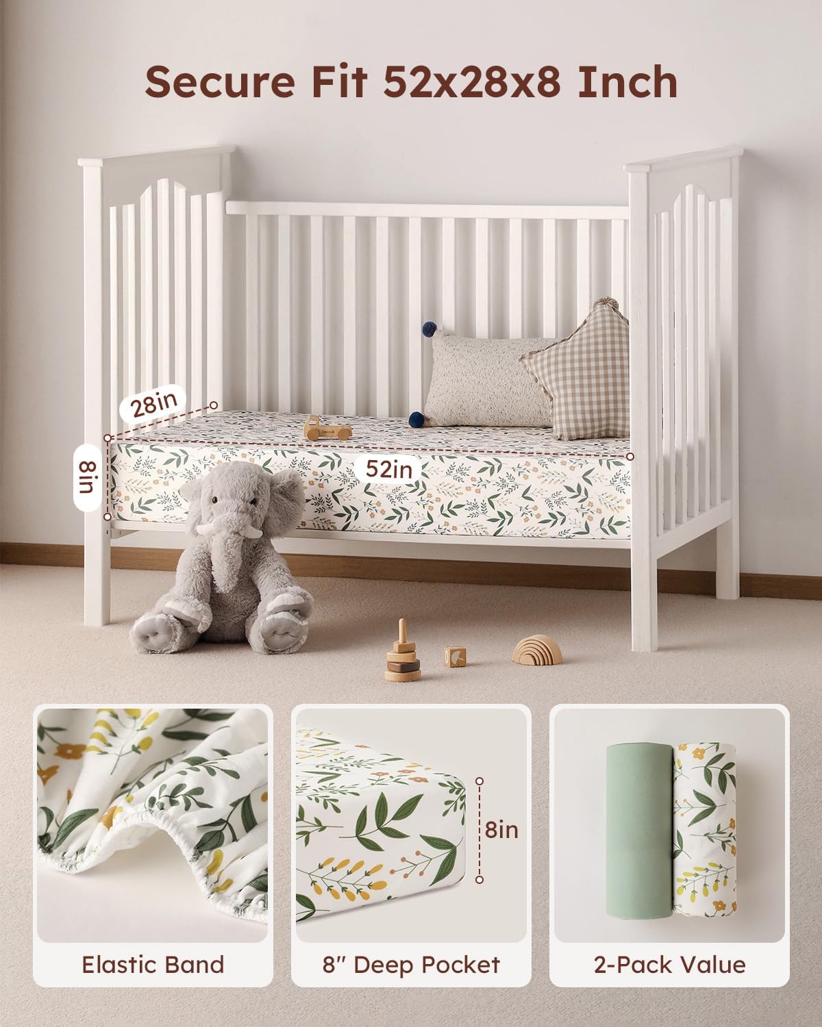 Yoofoss Baby Crib Sheets - Ultra Soft Microfiber Fitted Sheets for Standard Crib & Toddler Mattress | 52x28, Green Flower Design