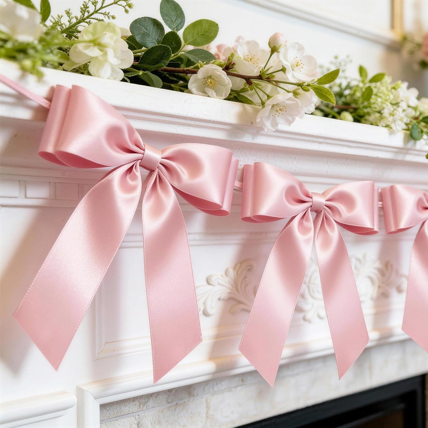 Skiennix Pink Bow Garland Banner - 8 Pre-Strung Double-Layer Satin Ribbon Bows | Valentine's Day Decor & Party Accent