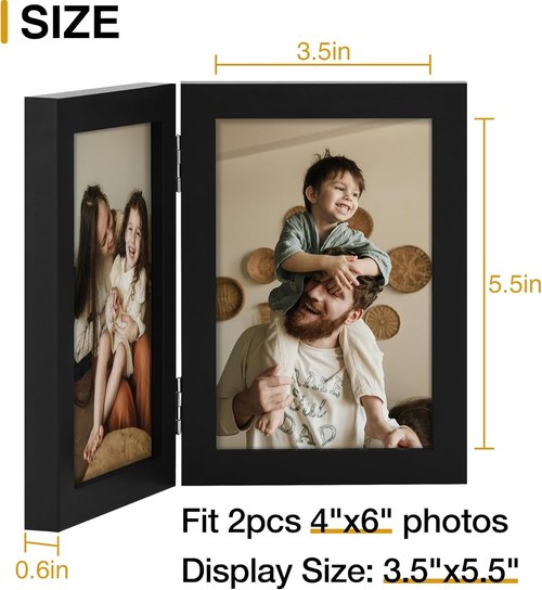 decorUhome 4x6 Picture Frame - Vertical Bifold Design with Plexiglass for Tabletop Display - Black