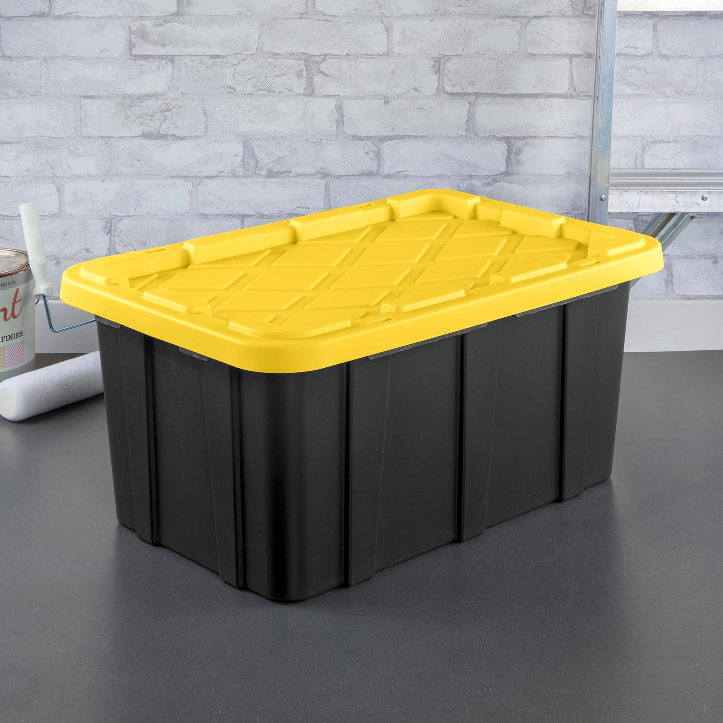Sterilite 17 Gal Industrial Tote, Stackable Storage Bin with Snap-Fit Lid for Garage, Basement & Attic Storage, Black Base and Yellow Lily Lid, 6-Pack