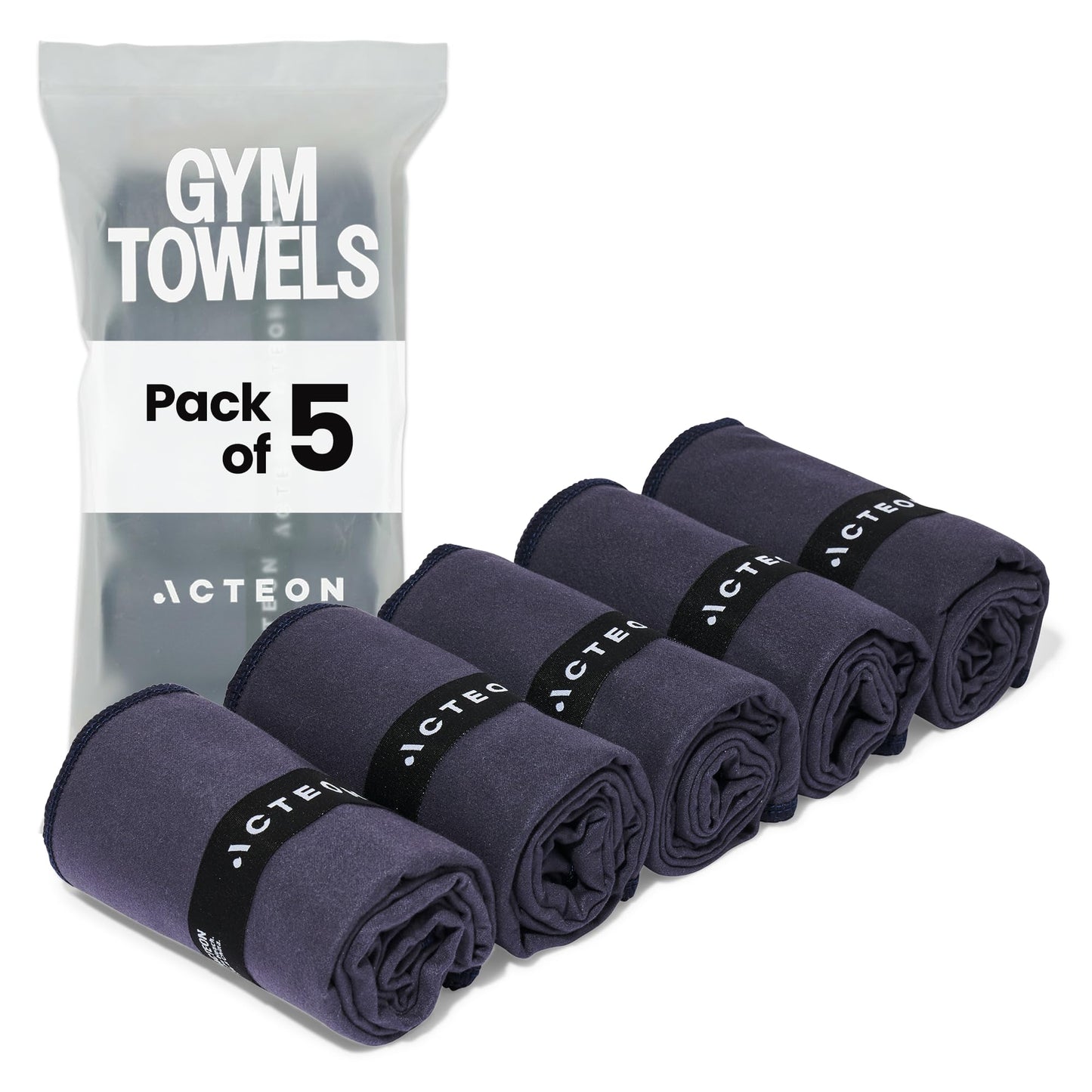 Acteon Microfiber Gym Towels 5 Pack, Quick Dry Silver ION Odor-Free Super Absorbent Sweat Towels for Men & Women, Workout, Yoga, Running, Beach, Travel – 16x30.5 Inch (Midnight Blue)