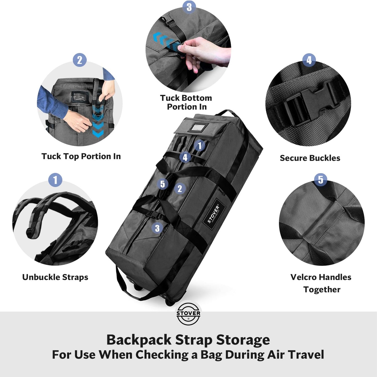 STOVER 45/80/100L Rolling Duffel Bag with Wheels, X-Large Durable Travel Duffle + Toiletry Bag, Heavy Duty, Packable with Shoulder Straps- Use as Luggage or Backpack, Men/Women (Black)