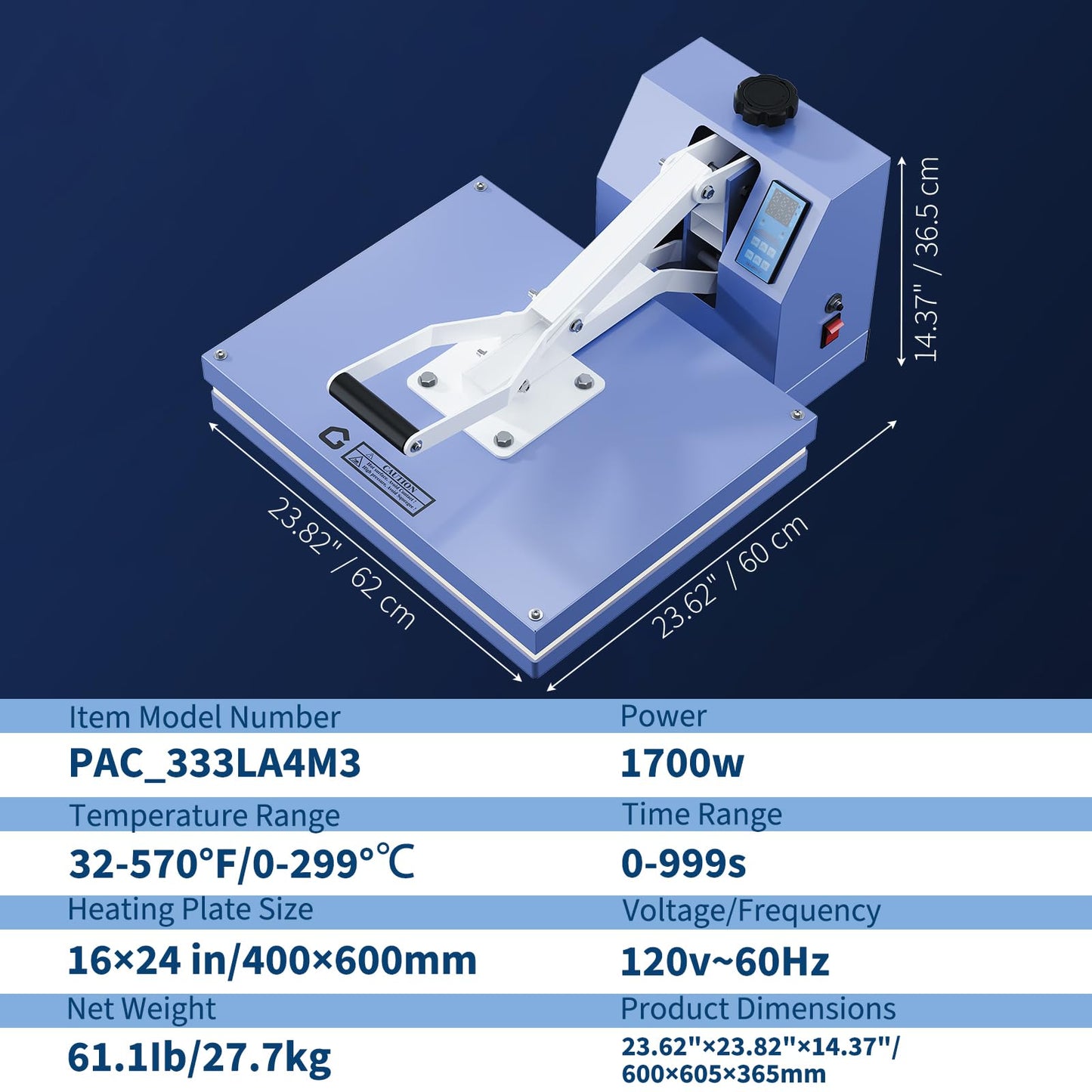 16x24 Heat Press, Heat Press Machine, Even Heating Technology, Large Operating Panel, Industrial Digital Heat Transfer Machine Sublimation for T-Shirts, Clothes, Canvas Bags, Baby Blue