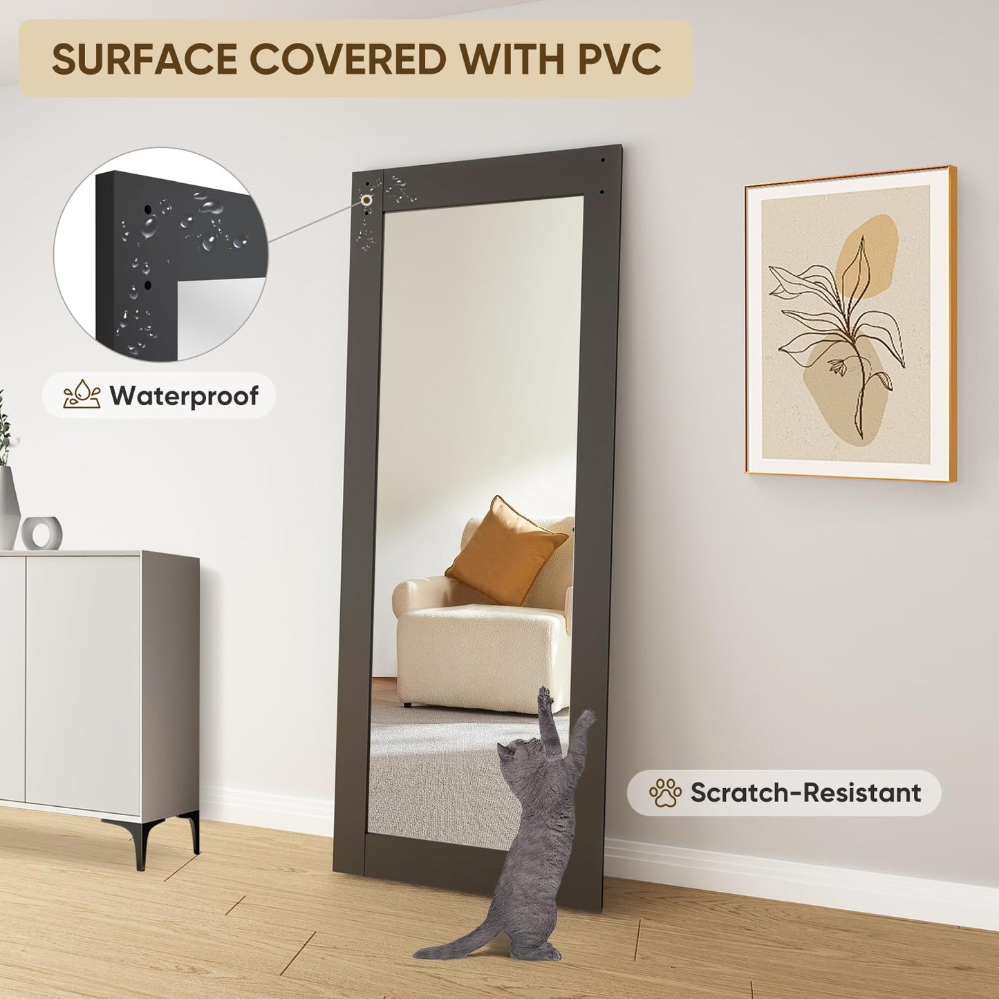 BARNSMITH 32in x 84in Mirror Barn Door with 5.5FT Sliding Door Hardware Kit Included, 1 Lites Full Length, Solid Wood Water-Proof PVC Surface,No Assembly Required,Black