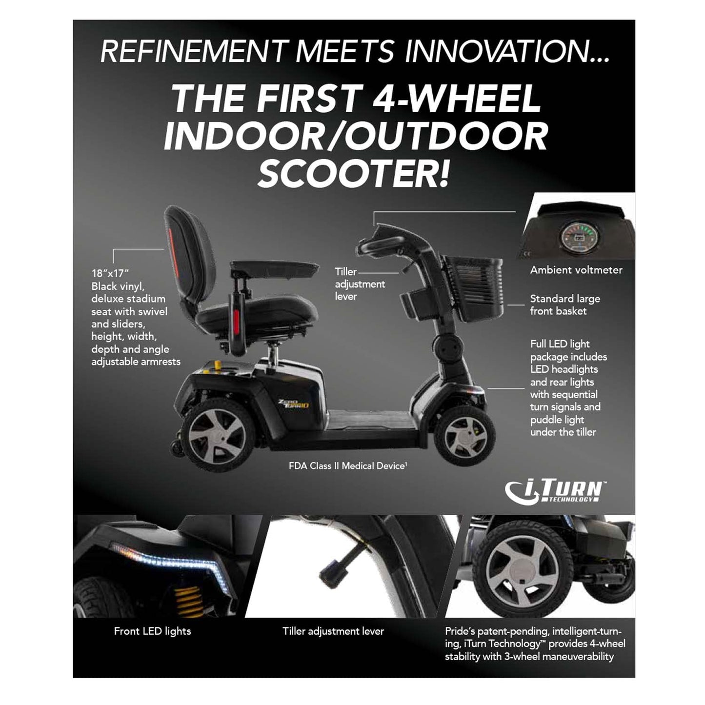 Pride Mobility Zero Turn 10 4 Wheel S710ZT Mobility Scooter, Outdoor 4-Wheel Travel Electric Mobility Scooter for Adults, 400 lbs. WC, Up to 7.3 or 7.5 MPH, 15.9 or 21.2 Range Per Charge