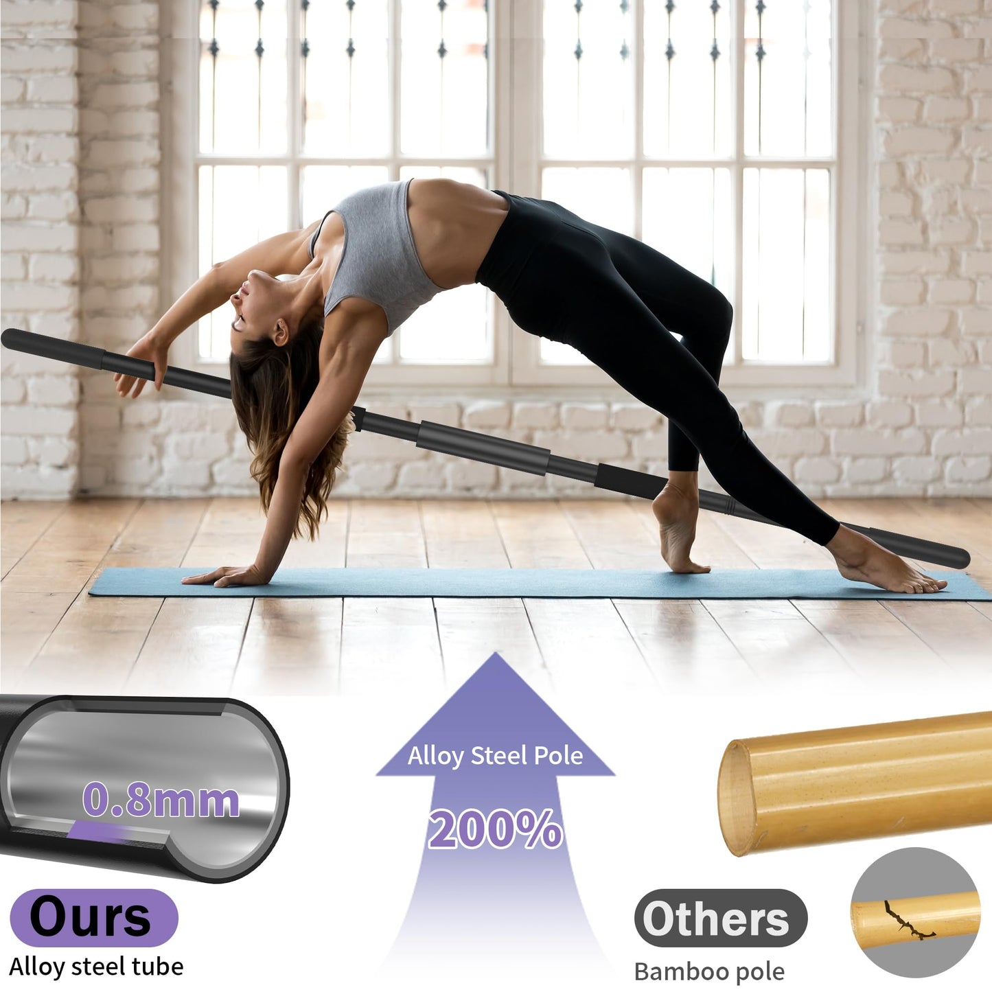 Scisum Yoga Stick 58 Inch Sturdy Alloy Steel - Adjustable Stick for Exercise, Stretching, Balance - Versatile Exercise Stick with Non-Slip Ends, Neck Cushion and Adjustable Grip Cushions