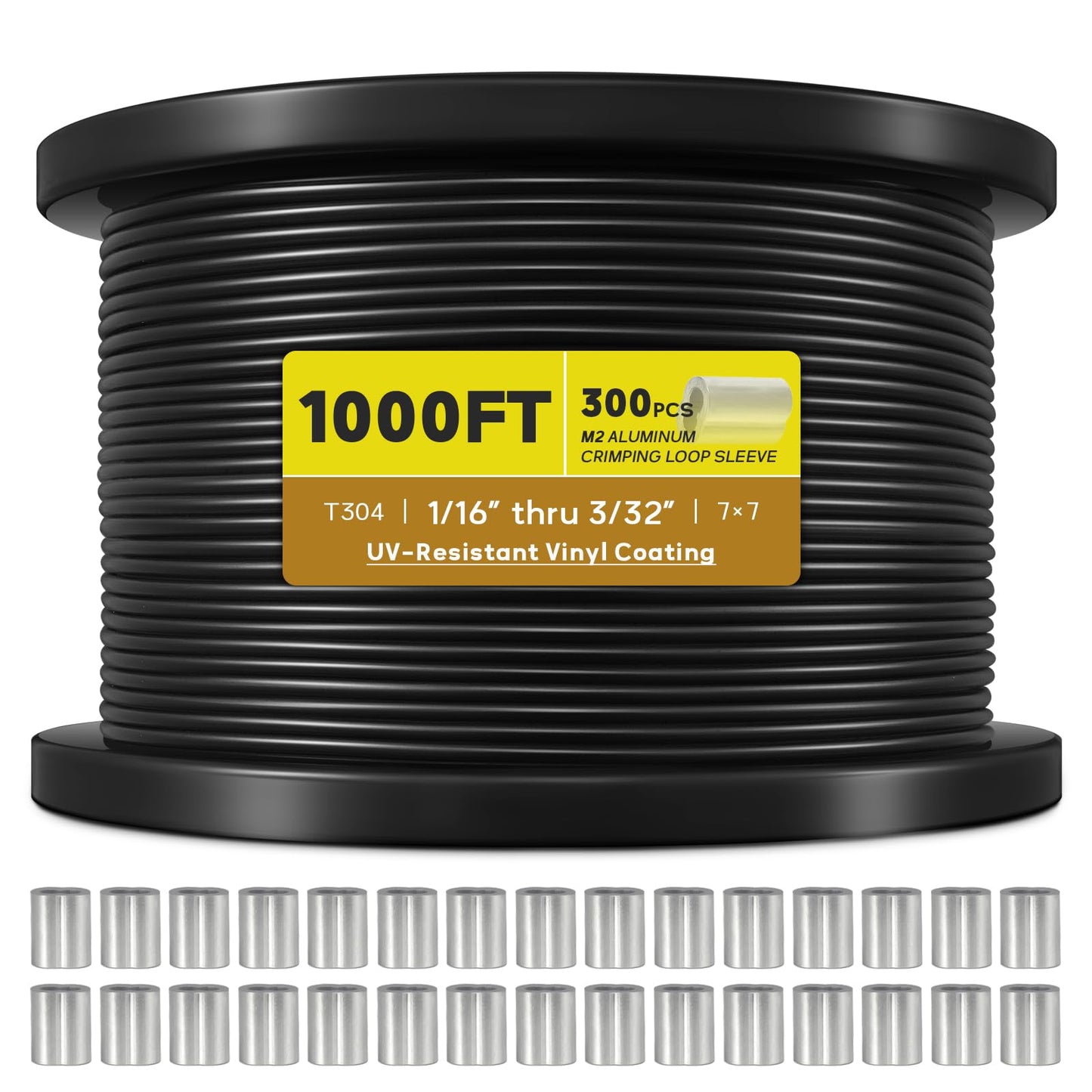 KALLSDY Vinyl Coated Wire Rope 1/16 Inch Overmolded to 3/32 Inch, 1000FT 304 Stainless Steel Cable with 300 Pcs Crimping Sleeves for String Light Hanging Kit, Clotheslines and Trellis Wire