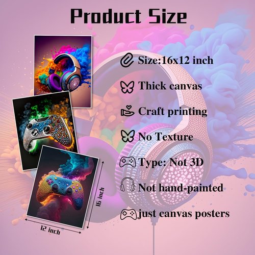 Gaming Room Canvas Wall Art Set by [Brand Name] - 3 Game Posters for Boys' Room | Unframed 12x16 In