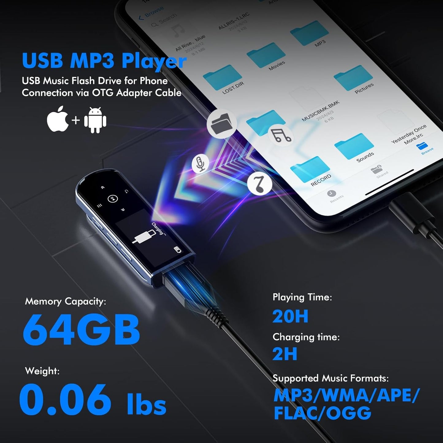 RUIZU 64GB MP3 5.3, MP3 USB Player with Bluetooth Clip Jam Portable Music Player for Sports Running, USB Player Stick