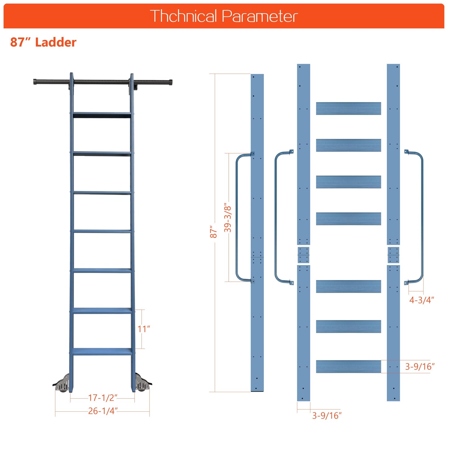 DIYHD 87" Lightweight Sliding Library Ladder with Handrail, Rolling Bookshelf Ladder with 4FT Rail System, Telescopic Top Hook, Upright Space-Saving Storage Design, 7 Steps, 300 Pound Capacity, Blue