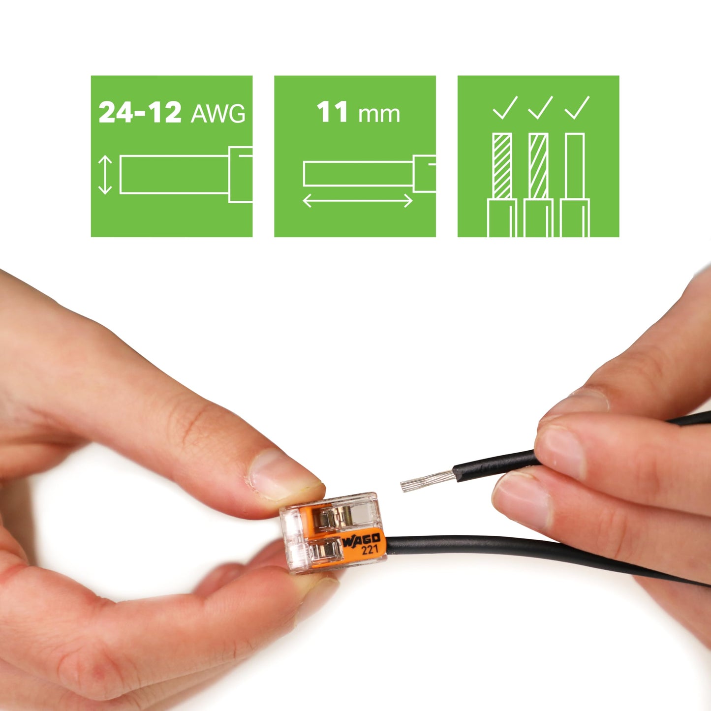 WAGO 221-412 Compact Lever-Nuts® Splicing Connectors, 2-Conductor, 24-12 AWG, Jar 550pcs