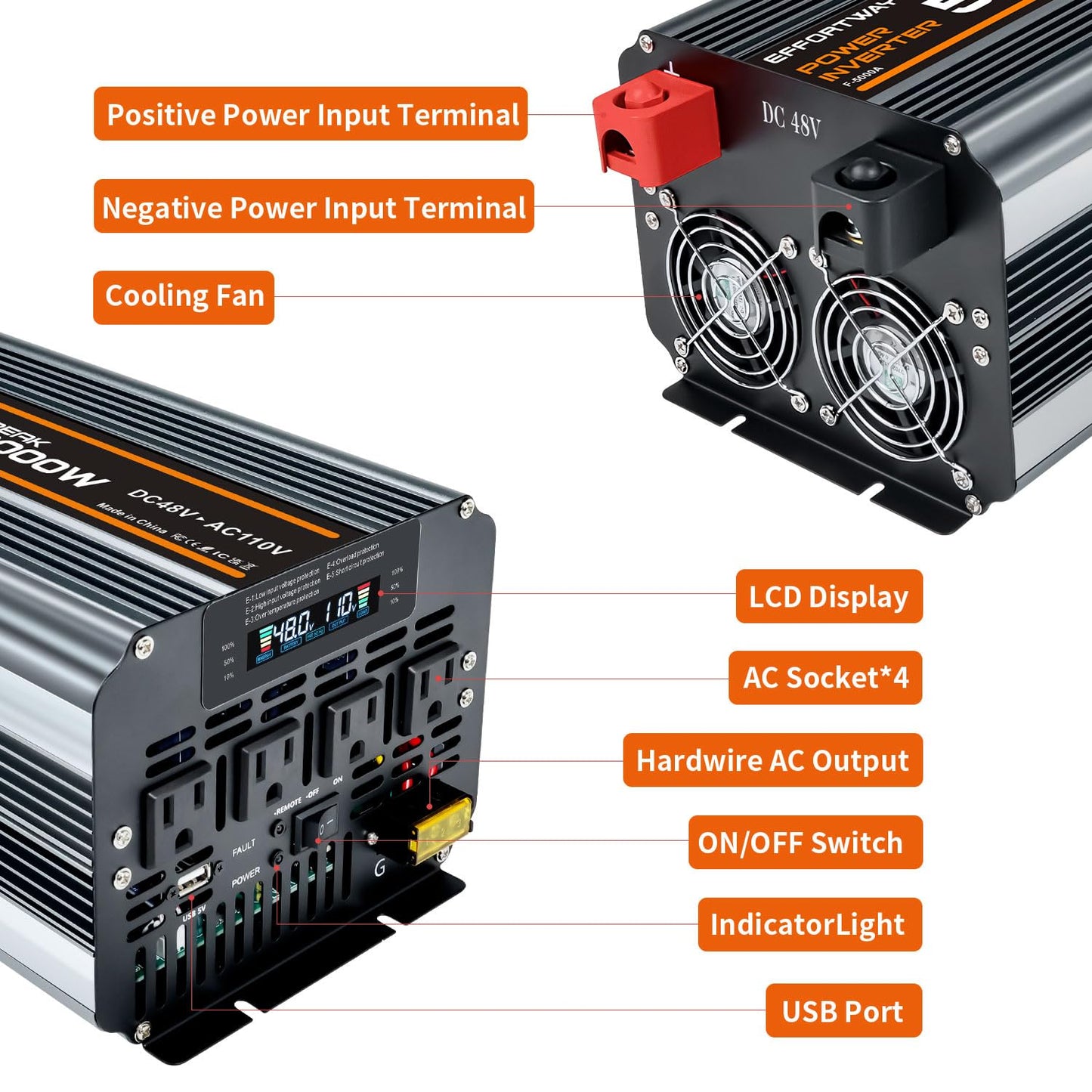 EFFORTWAY Power Inverter DC 48V to AC 110V/120V Converter with LCD Display, Wireless Controller, Cable Pair,AC outlets USB.RV Travel,Suitable for Camping,and Off-Grid Solar Systems (5000w -48v)