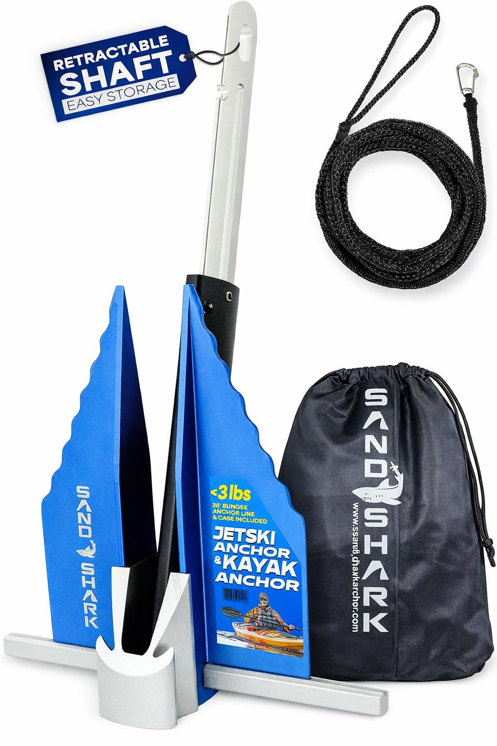 SandShark Premium Fluke Anchor-Retractable Shaft Easy Storage-Aluminum Pontoon Boat Anchor, Jet Ski Anchor. Boats<30 ft. Sand Anchor for Boat, Boat Anchor Kit, Lightweight. (Jet Ski Anchor)