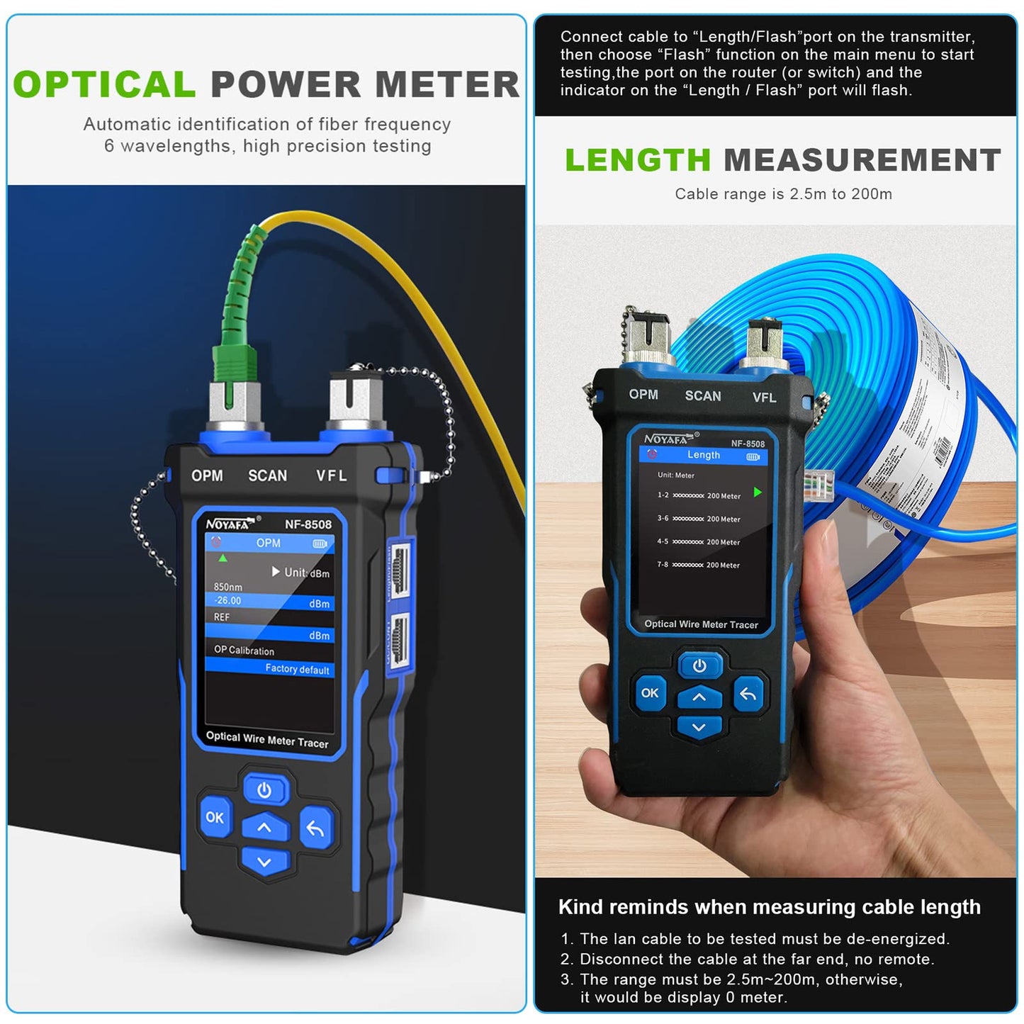 NOYAFA NF-8508 Network Cable Tester with Optical Power Meter, CAT5 CAT6 Cable Toner Ethernet Cable Tester, RJ45 Network Tester, VFL PoE QC Test Wire Tracer Port Flashing 200M Length Test