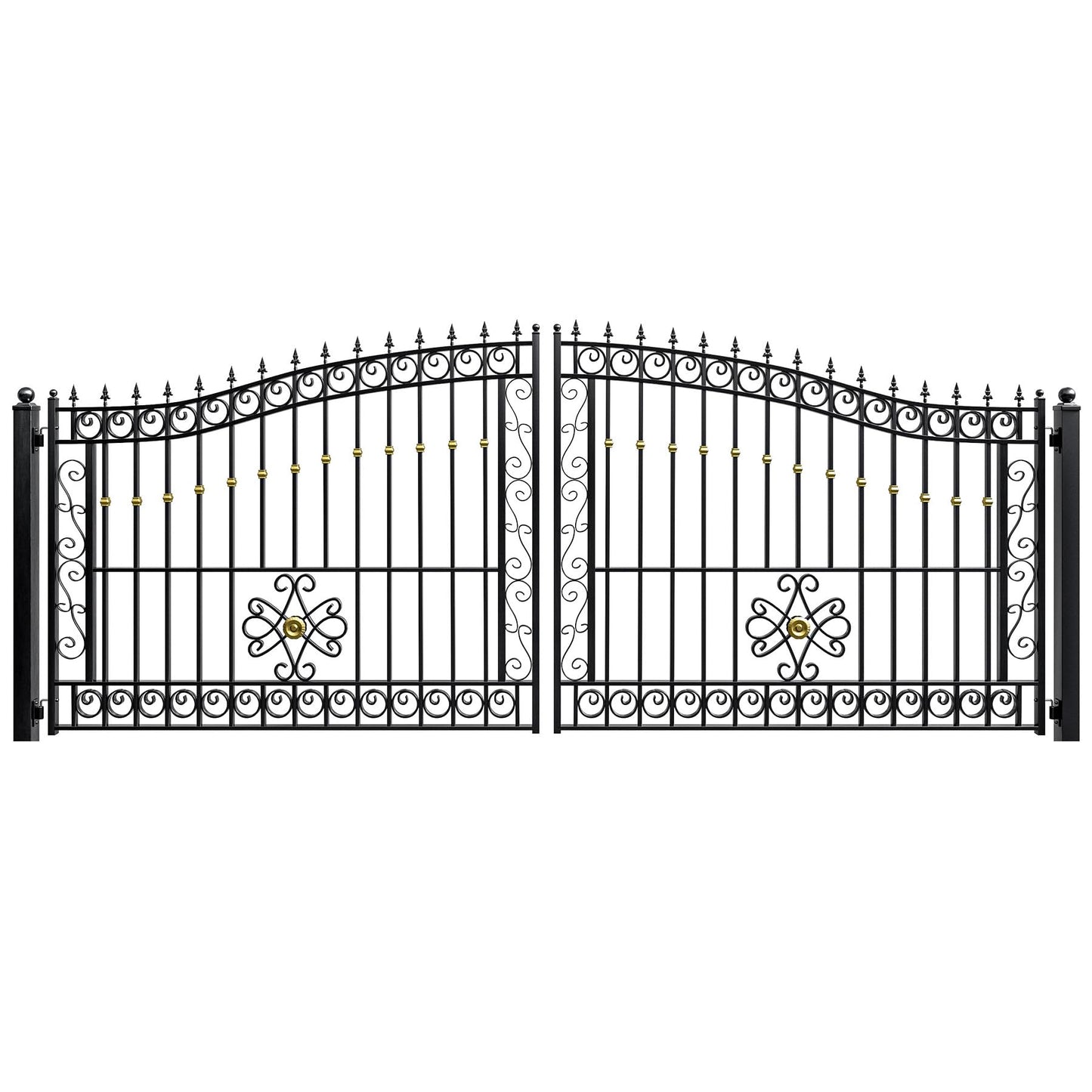 ZUMI Dual Swing Driveway Gate, 16x6 ft Heavy-Duty Galvanized Steel Security Gate Kit for Home Garden Yard & Family Safety, Outdoor Arched Swing Gate with Scrollwork & Gold-Tone Finials