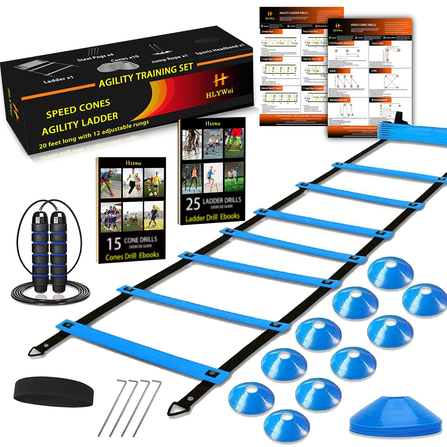 HLYWEI Speed Agility Training Set, Includes 1 Agility Ladder, 4 Steel Stakes, 1 Sports Headband,1 Jump Rope, 10 Disc Cones and Gym Carry Bag - Speed Training Equipment for Soccer Football Basketball