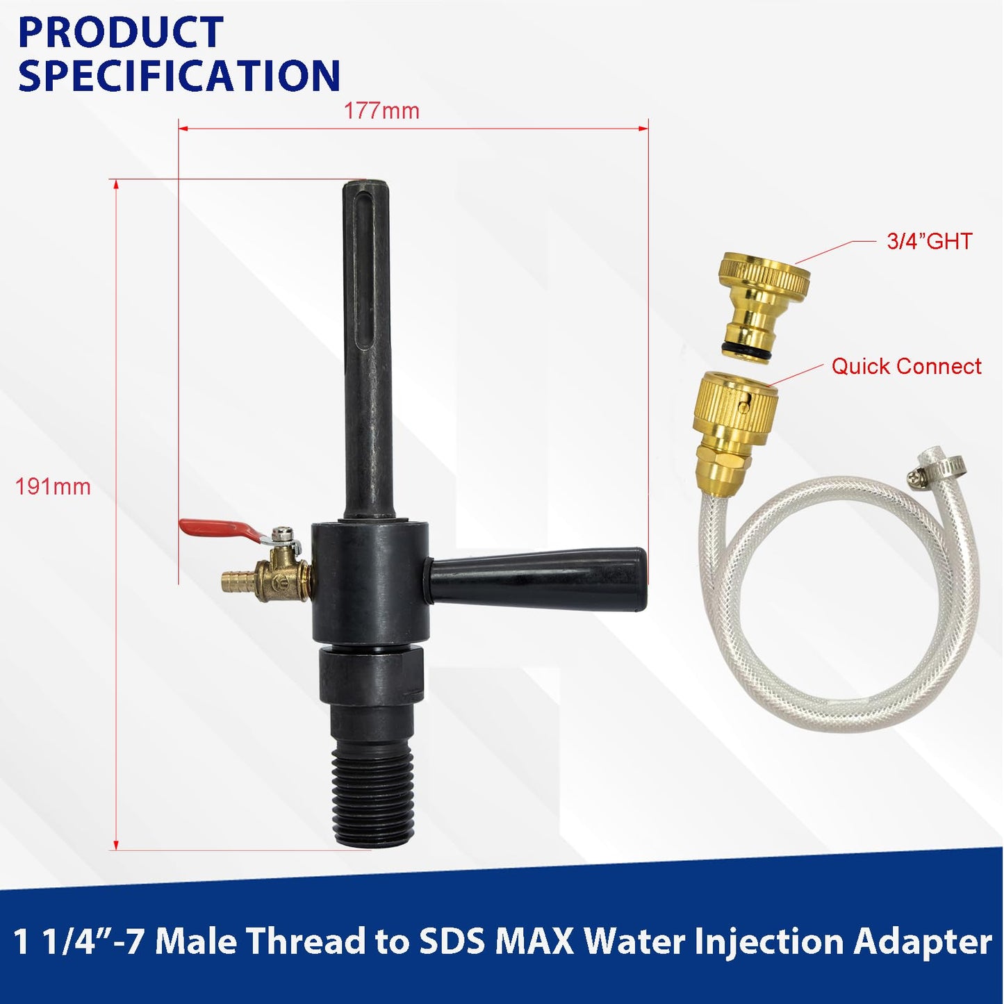 DaduoRi 7" Wet Core Drill Bit with Water Injection Capable Adapter for SDS Max Shank - Includes Solid Brass Quick Connector and Hose - Convenient 1 1/4"-7 Thread Core Bit with Water Feed Design