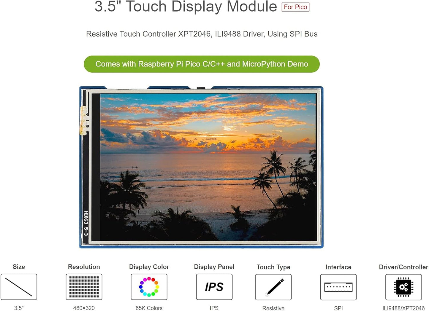waveshare 3.5inch 480320 65K XPT2046, ILI9488 for Raspberry Pi Pico LCD Touch Display Module Resolution Colors Display