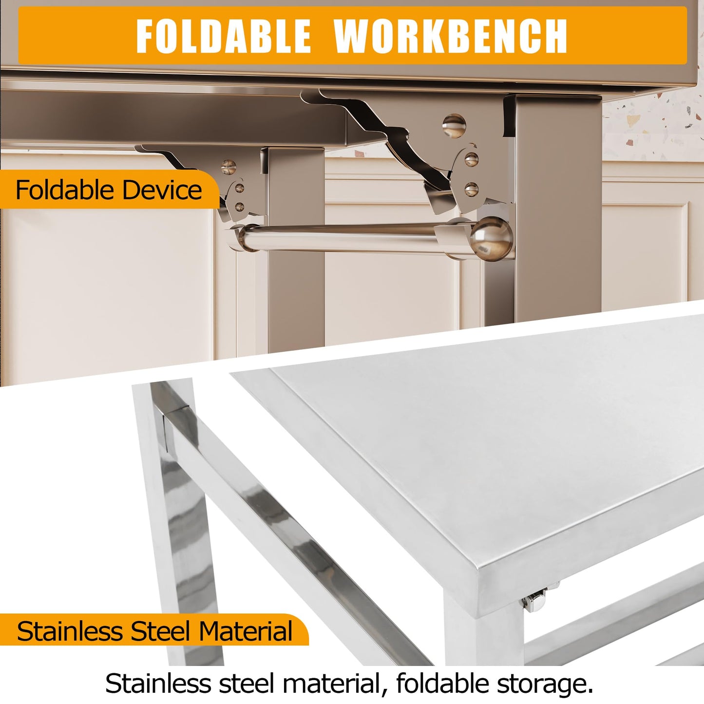 MegaChoice 60 x 24 Inch Stainless Steel Prep Table, Folding Stainless Steel Work Table with Adjustable Undershelf, Heavy Duty Metal Workstation for Commercial, Kitchen, Restaurant, Garage, Home