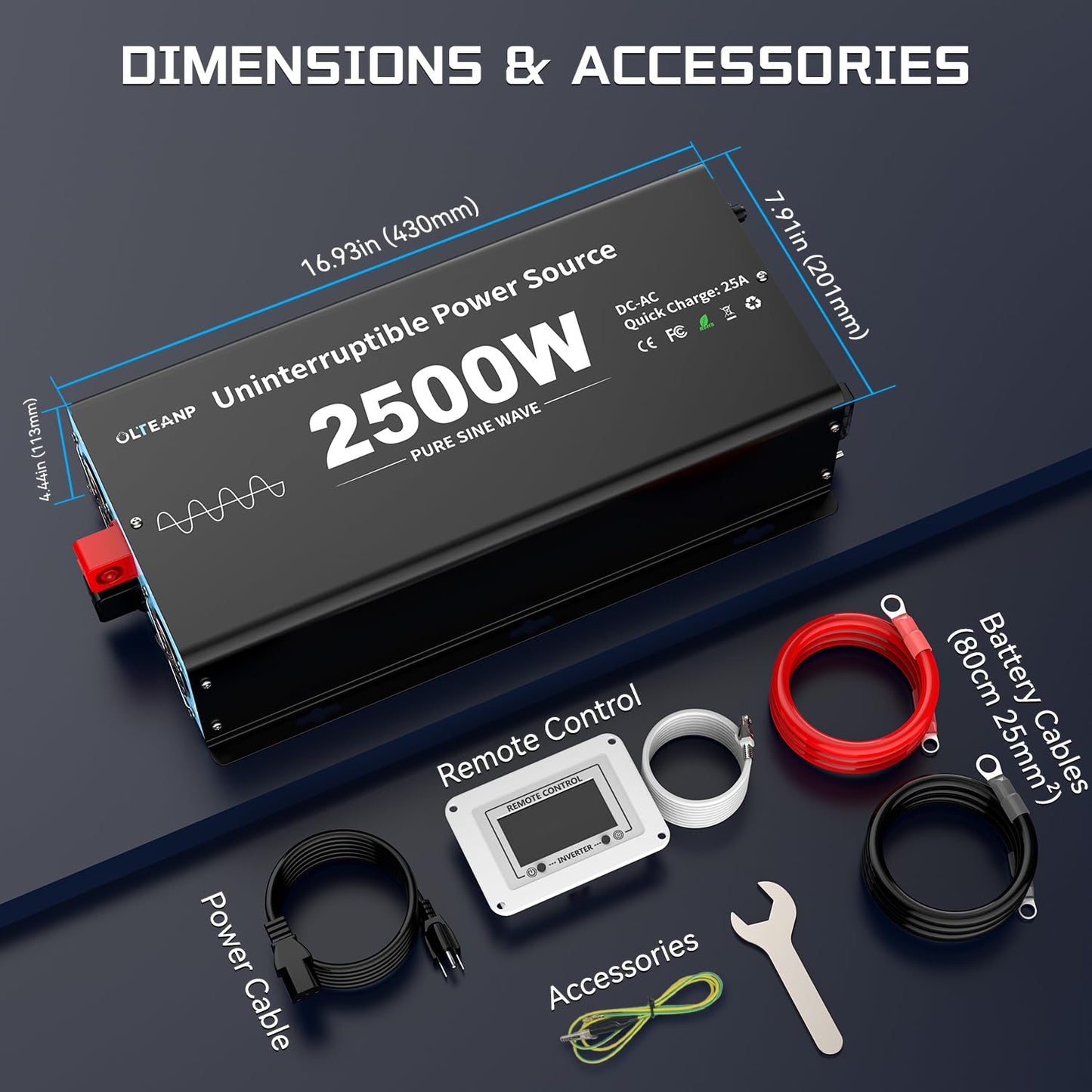 2500W Sump Pump Battery Backup System, Pure Sine Wave Inverter Charger with 25A Fast Charging, Auto Transfer Switch for Basement Flood Protection During Outages, LCD Remote, 12V Deep Cycle Compatible