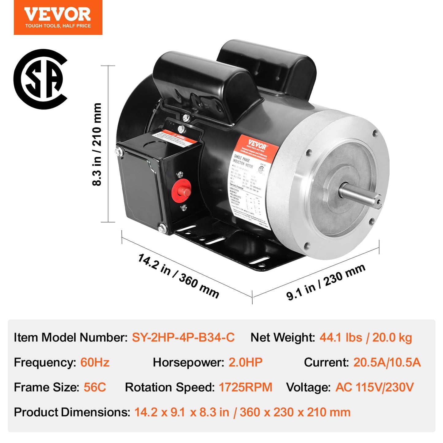 VEVOR 2HP Electric Motor 1725 RPM, AC 115V/230V, 56C Frame, Air Compressor Motor Single Phase, 5/8" Keyed Shaft, CW/CCW Rotation for Agricultural Machinery and General Equipment
