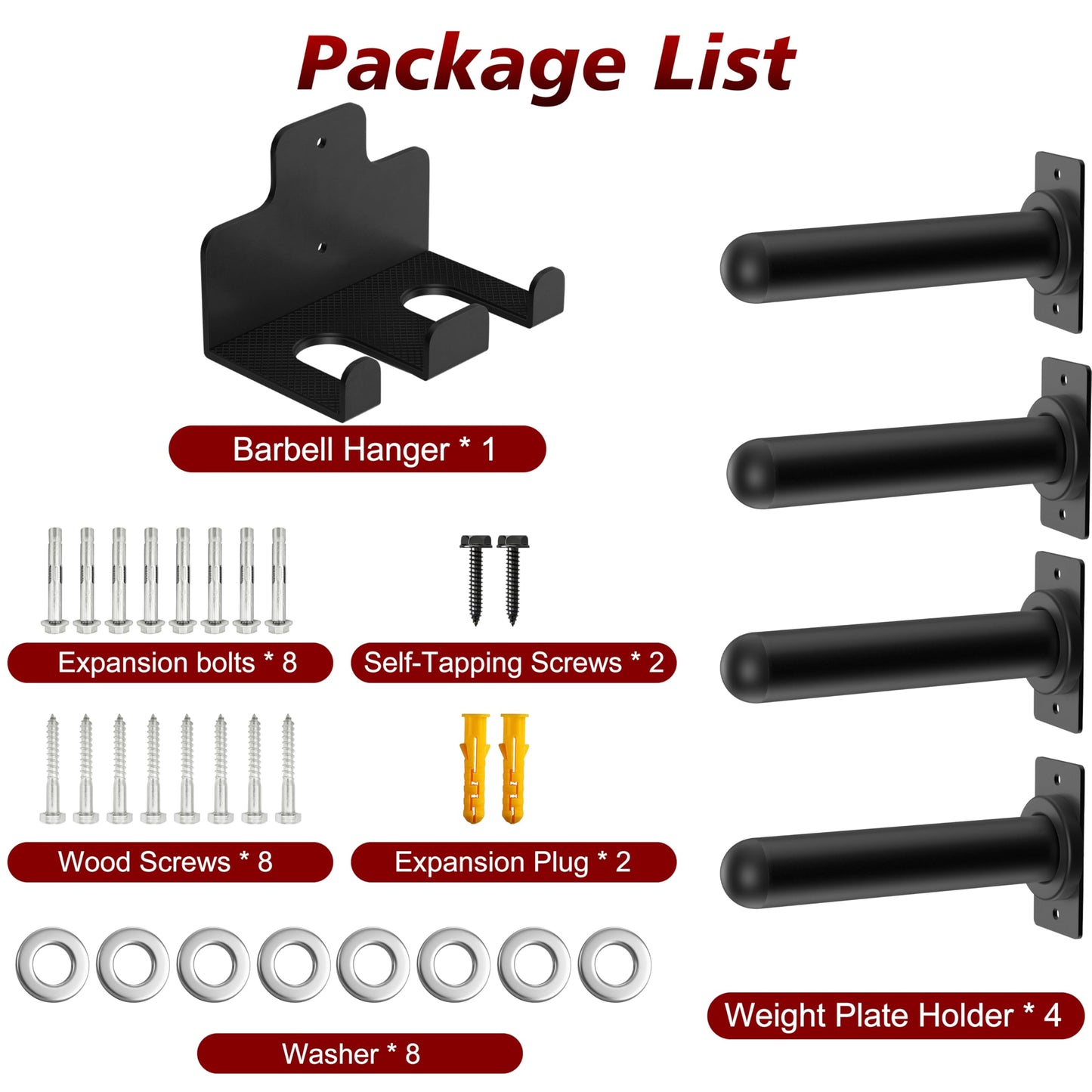 Rumoid 4 Pack Wall Mounted Weight Plate Holder and 1 Pack 2 Hooks Barbell Hanger, Weight Plate Holder for 2" Weight Plates, Vertical Barbell Holder With Protective Rubber Pad for Garage Home Gym
