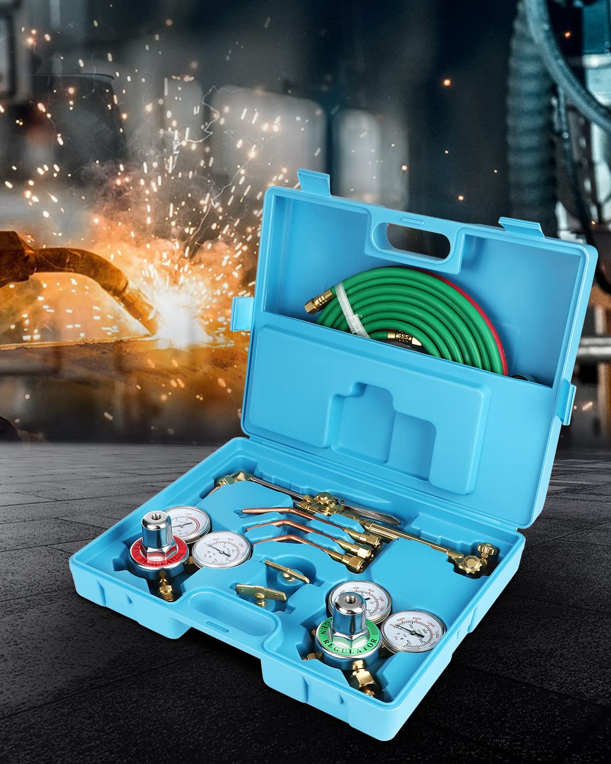 Cutting Welding Torch Kit, Oxygen Acetylene Torch Kit, Oxy Acetylene Torch Welder, Portable Oxy Brazing Kits, Professional Welder Tool Set with Two Hose, Regulator Gauges, Storage, Blue Case