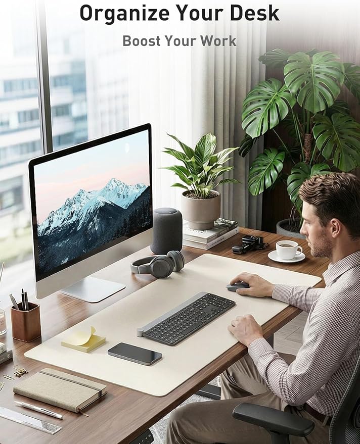 Aothia Faux Leather Desk Mat - Non-Slip PU Leather Desk Blotter, Waterproof Writing Surface, Large Desk Pad for Office & Home (Off-White, 55" x 17")