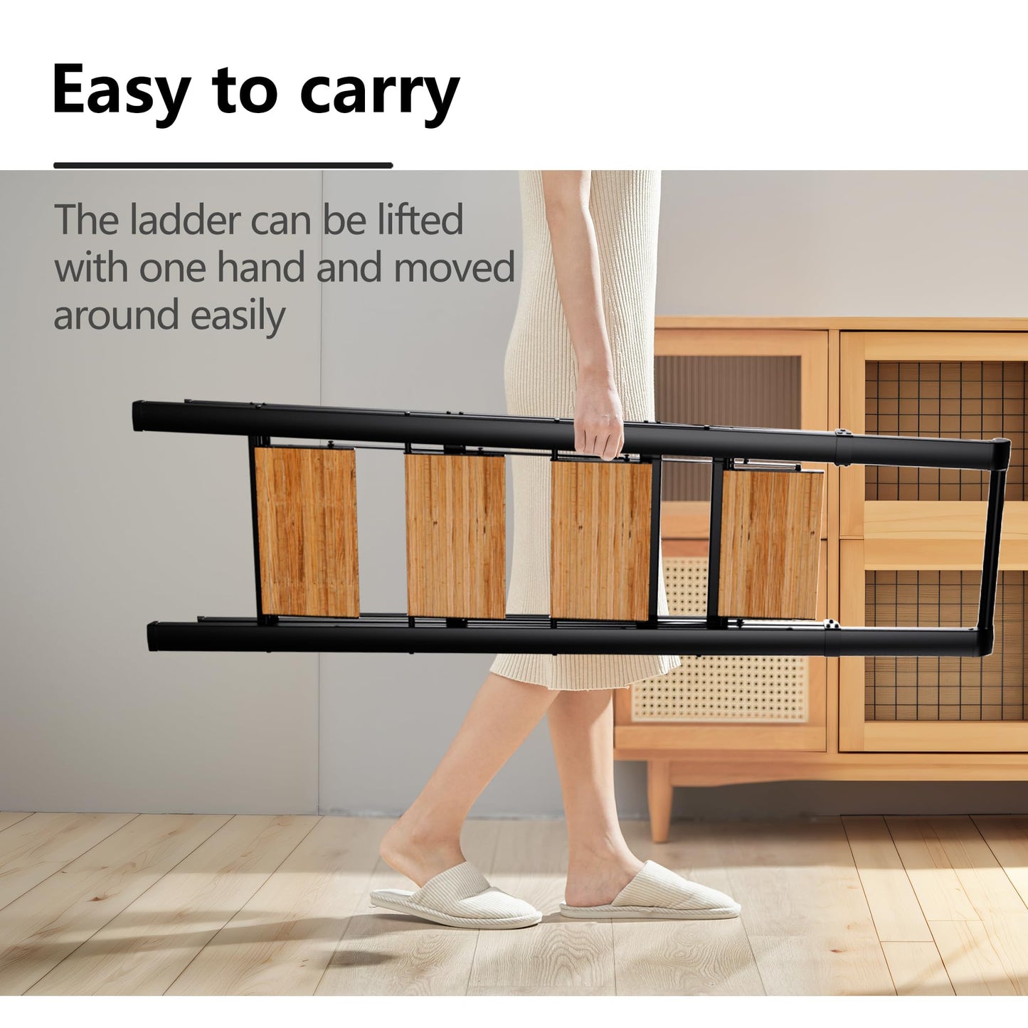 SOLADDER Step Ladder 4 Step Folding Stool with Anti-Slip Widened Sturdy Pedal and Handgrip, Portable Lightweight Aluminum Ladder for Home,Kitchen,300 lbs Capacity-Black+Woodgrain
