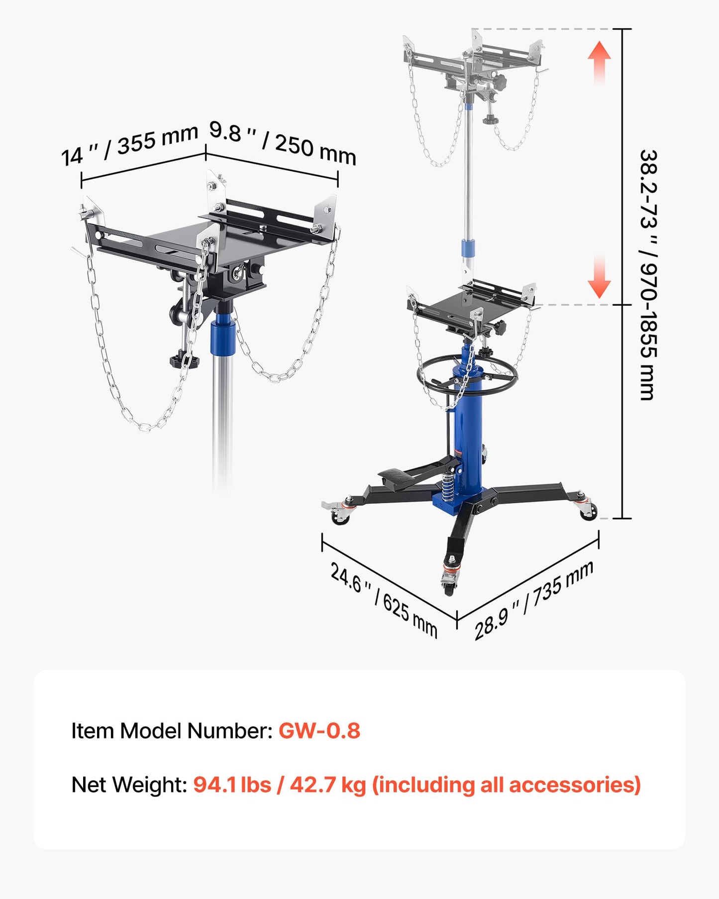VEVOR Hydraulic Transmission Jack, 1660 lbs Capacity Hydraulic Telescopic Transmission Jack, 34.6-69.3 in High Lifting Height, 2-Stage Floor Jack Stand with Foot Pedal, 360° Swivel Wheel, Blue