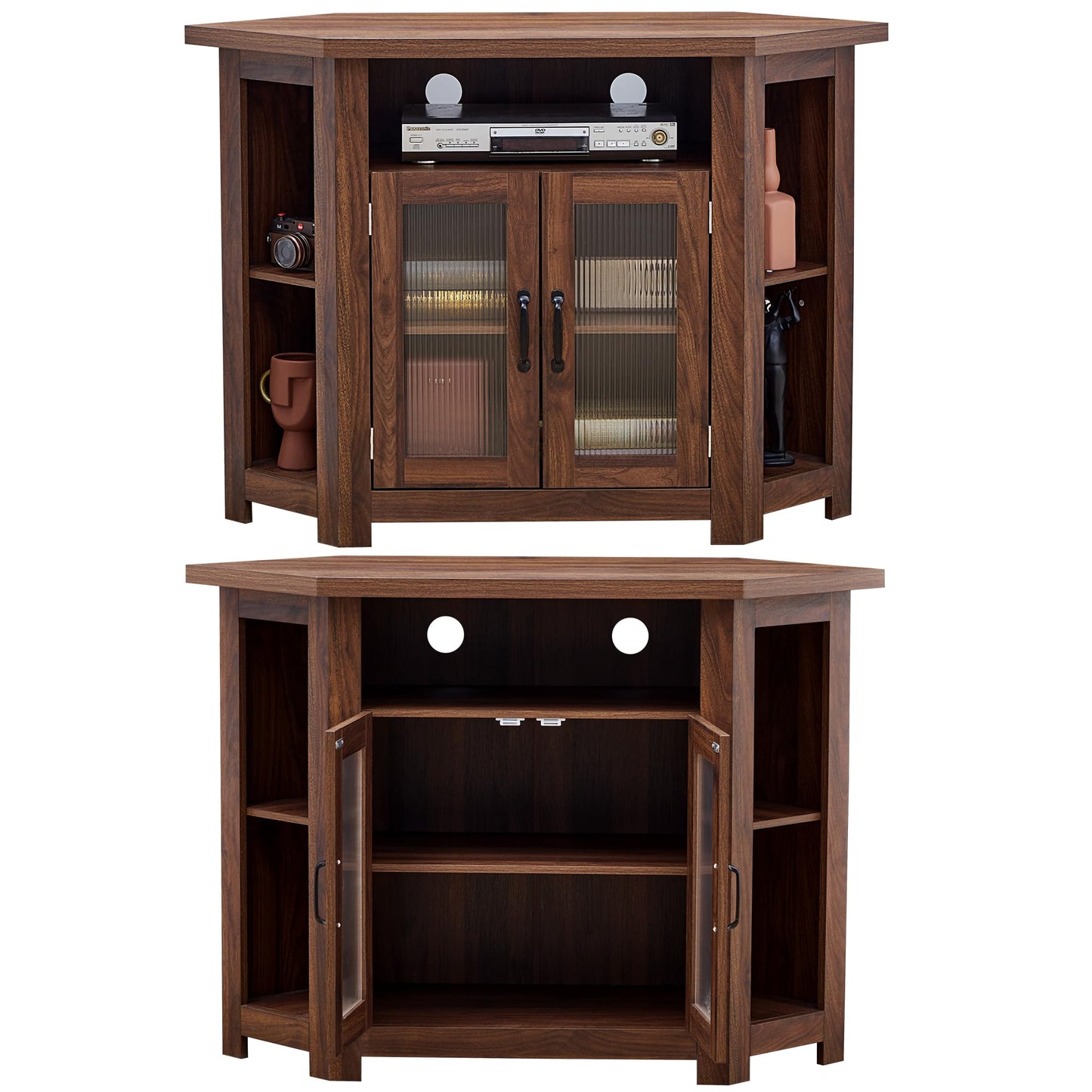 weselon Corner TV Stand for TVs up to 48 Inch, Media Entertainment Center with Storage Shelves and 2 Doors, Console Table Buffet Cabinet for Living Room Bedroom (Walnut)