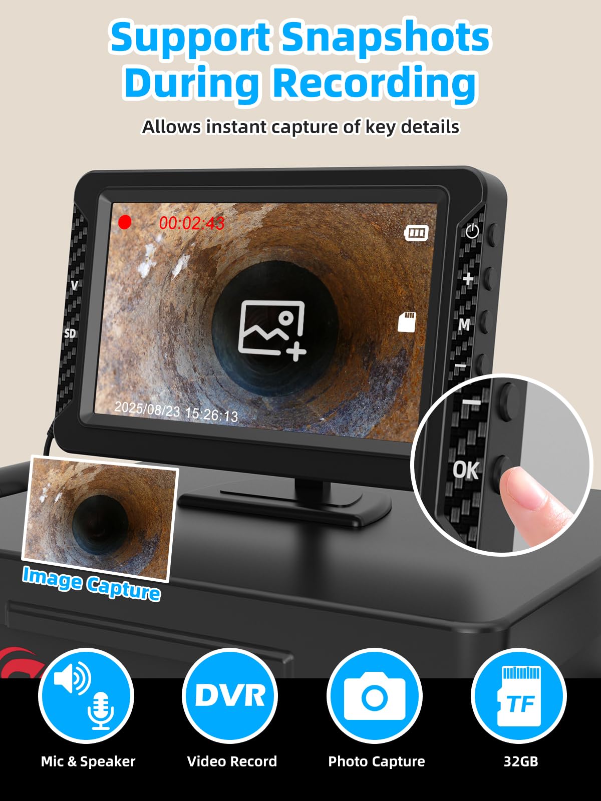 Sanyipace Sewer Camera, 5" IPS HD Pipe Inspection Camera,Built-in 32GB DVR with Microphone and Speaker, 8 LED Lights,IP68 Waterproof Drain Camer for Sewer Line, Home, Duct Drain Pipe Plumbing