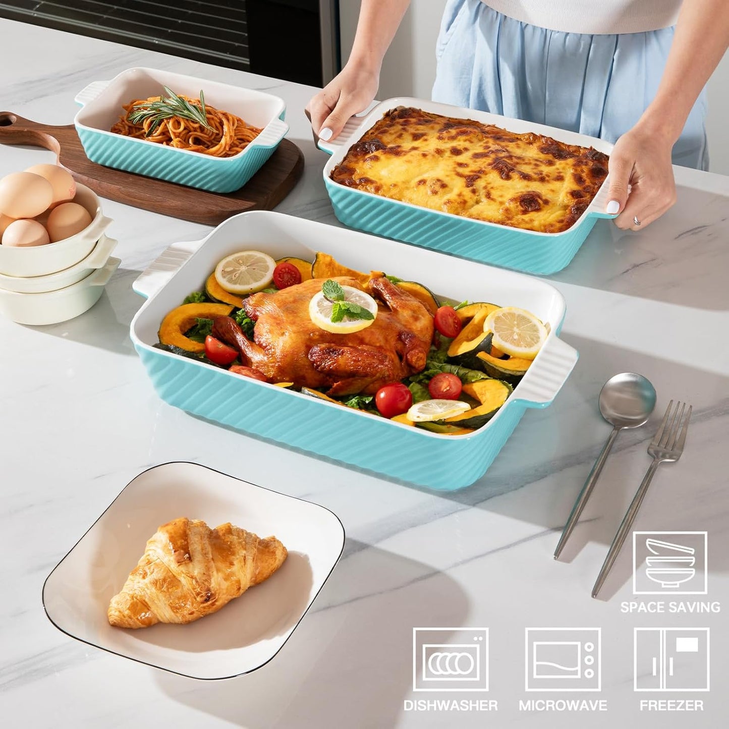 Sweejar Ceramic Baking Dish Set - Versatile Porcelain Casserole Dishes for Oven | Turquoise Color