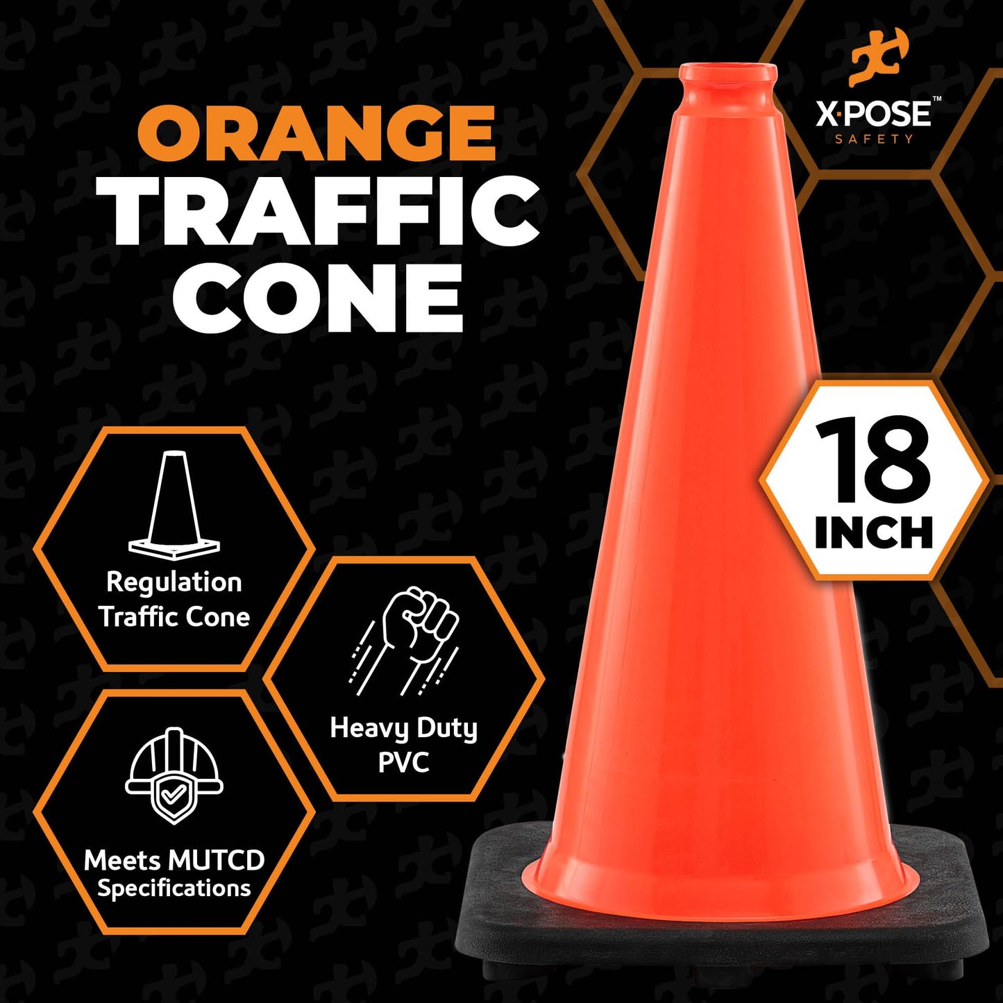 Xpose Safety 18 Inch Orange Traffic Cones, 12-Pack - Multipurpose PVC Plastic Safety Cone for Parking, Soccer, Caution, Kids and Construction - DOT Approved